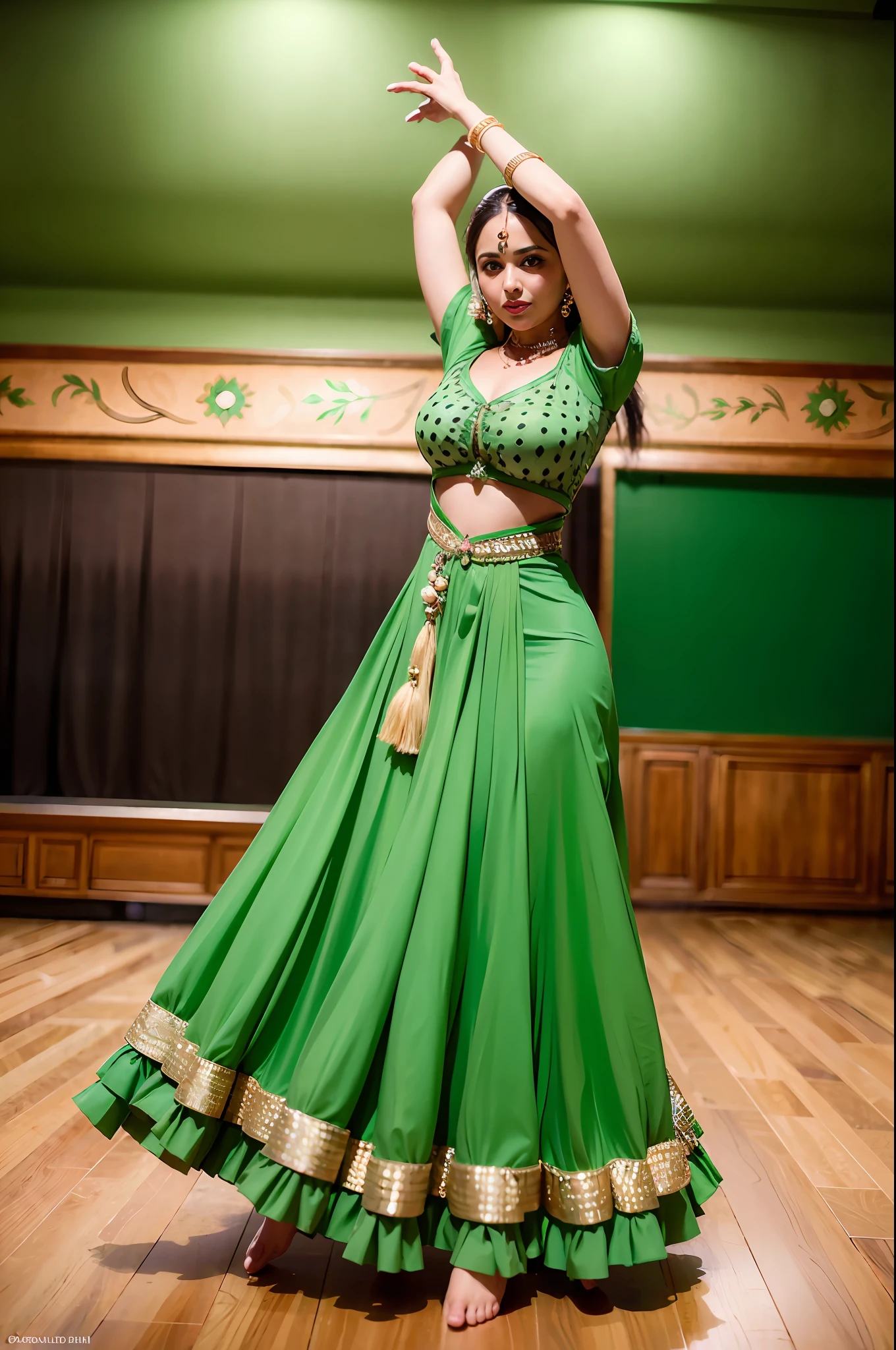 a woman is posing for a photo,(wearing indian_dance_dress:1.3), green dress, 
good hand,4k, high-res, masterpiece, best quality, head:1.3,((Hasselblad photography)), finely detailed skin, sharp focus, (cinematic lighting), collarbone, night, soft lighting, dynamic angle, [:(detailed face:1.2):0.2],(((exhibition inside theater))),