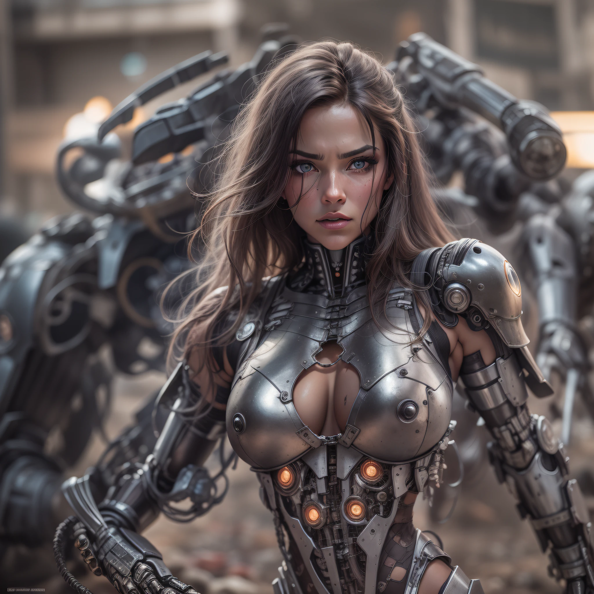 jennifer la mujer mecanica: guerrera de combate, con sus grandes ojos y su cuerpo metalico de cyborg se encuentra en la ciudad de zalem , repleta de elementos tecnologicos .
