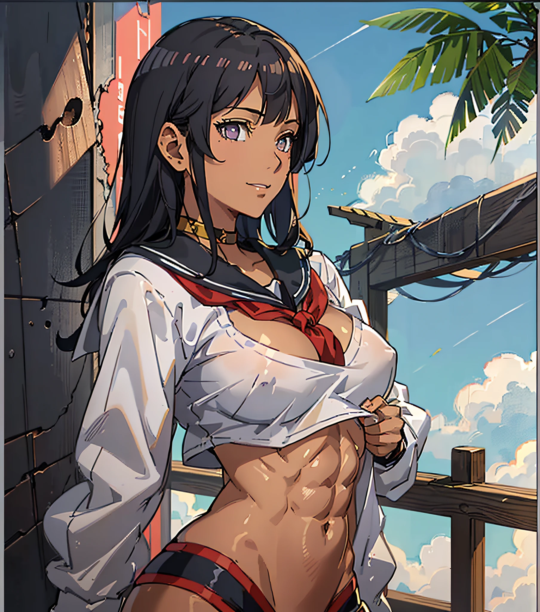 ((((masutepiece、top-quality、Brown skin、Long body、large full breasts、Brown skin color、perspiring、a sailor suit、ssmile))))、Silvery hair、red eyes、(((Pose with emphasis on the chest)))、(((((Black skin、Beautiful abs、long legged))))),((((darkskin)))),((sun burn)),Whole human body、(((Shyness)))、Realistic skin type、an anime girl、Detailed Digital Anime Art、A seductive anime girl、extremely detailed art germ、a hyperrealistic schoolgirl、Ilyakukvshinov、Smooth Anime CG Art、Ultra Realistic Woman、ig model、ArtGerm、Photorealistic anime girl rendering、digital anime art