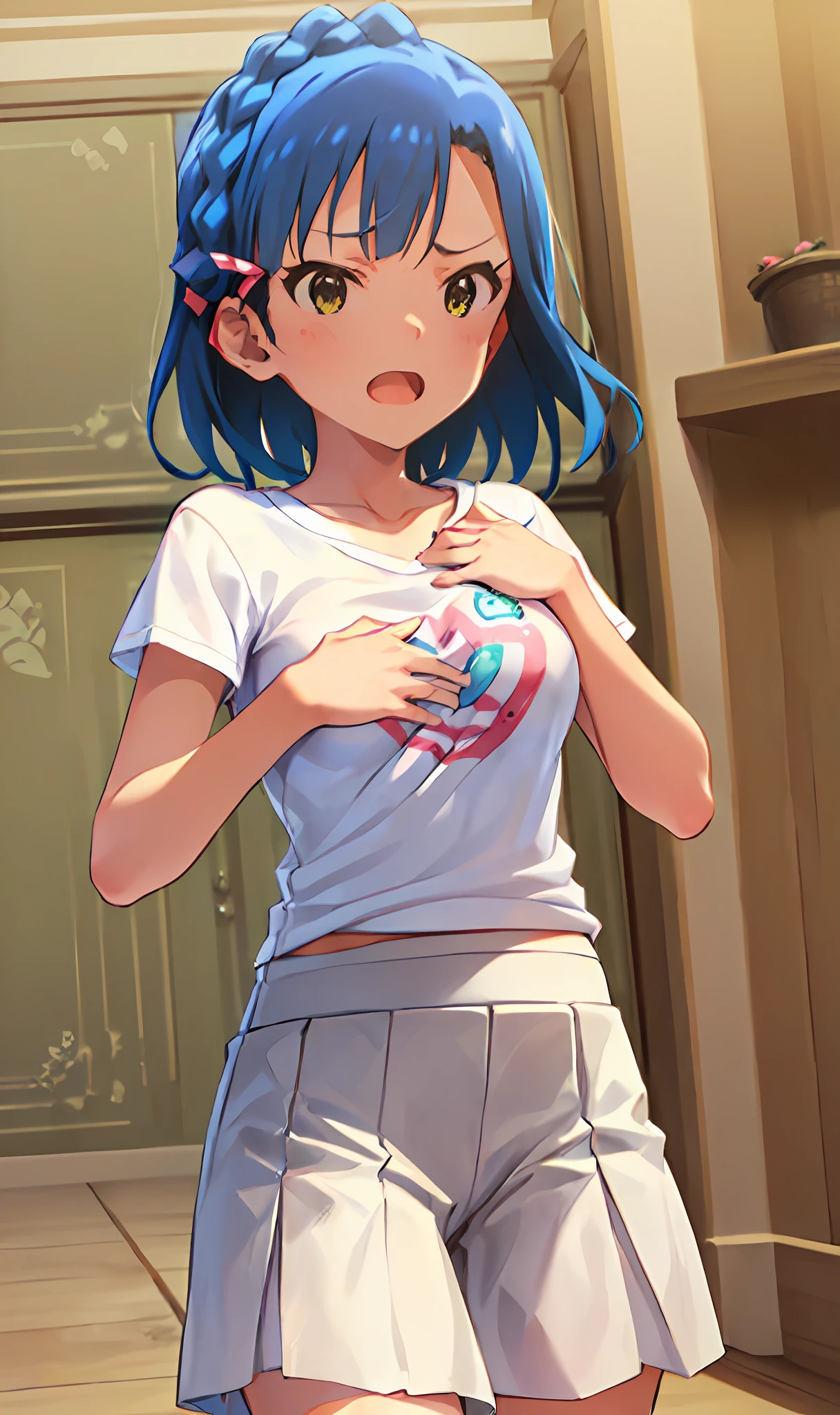 yuriko nanao (million live). Short stature. (((white t-shirts))).(((Skirt))).(((masterpiece))).(((best quality))).((Ultra-detailed))).(((illustratio))). (((fighting stance))).(((a room))).(((make a fist))).(((up chest))).Despair face.(((short-hair))).((big breasts)).((Opening Mouth)).