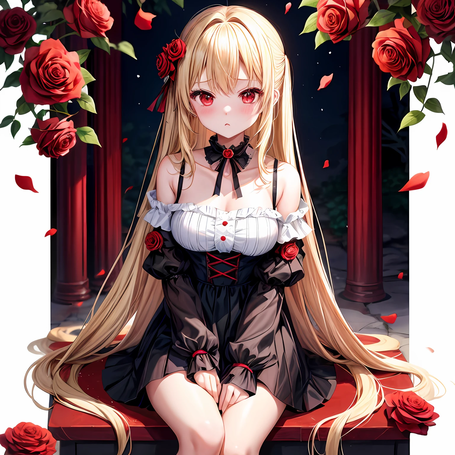 a blond、red eyes、One girl、kawaii、animesque、Black dress、off shoulders、a miniskirt、red blush、Bright red rose garden、sitting on
