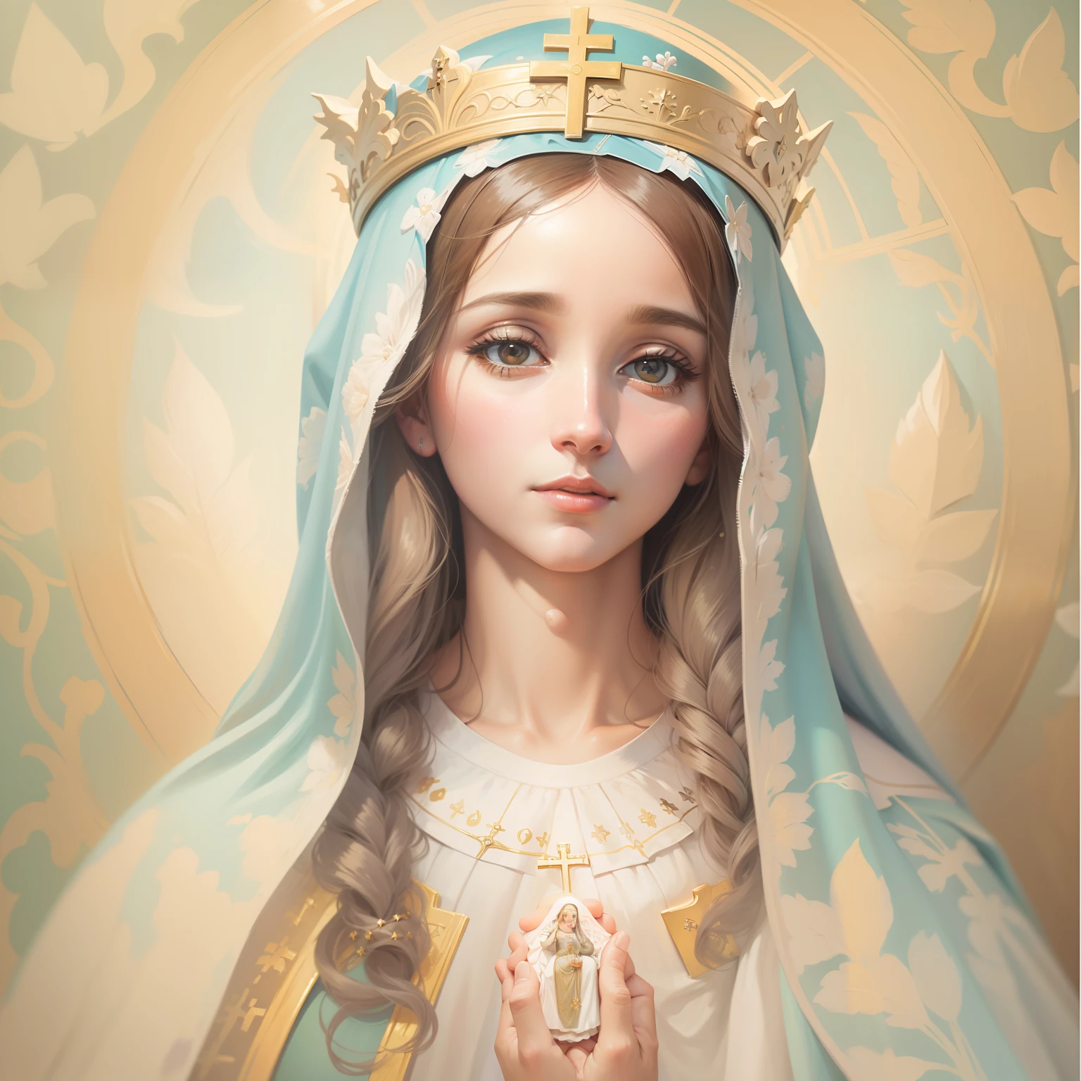 Create a painting of Our Lady with soft tones and pastel colors, representando sua bondade e ternura ((( Mother of Jesus according to Catholicism )))