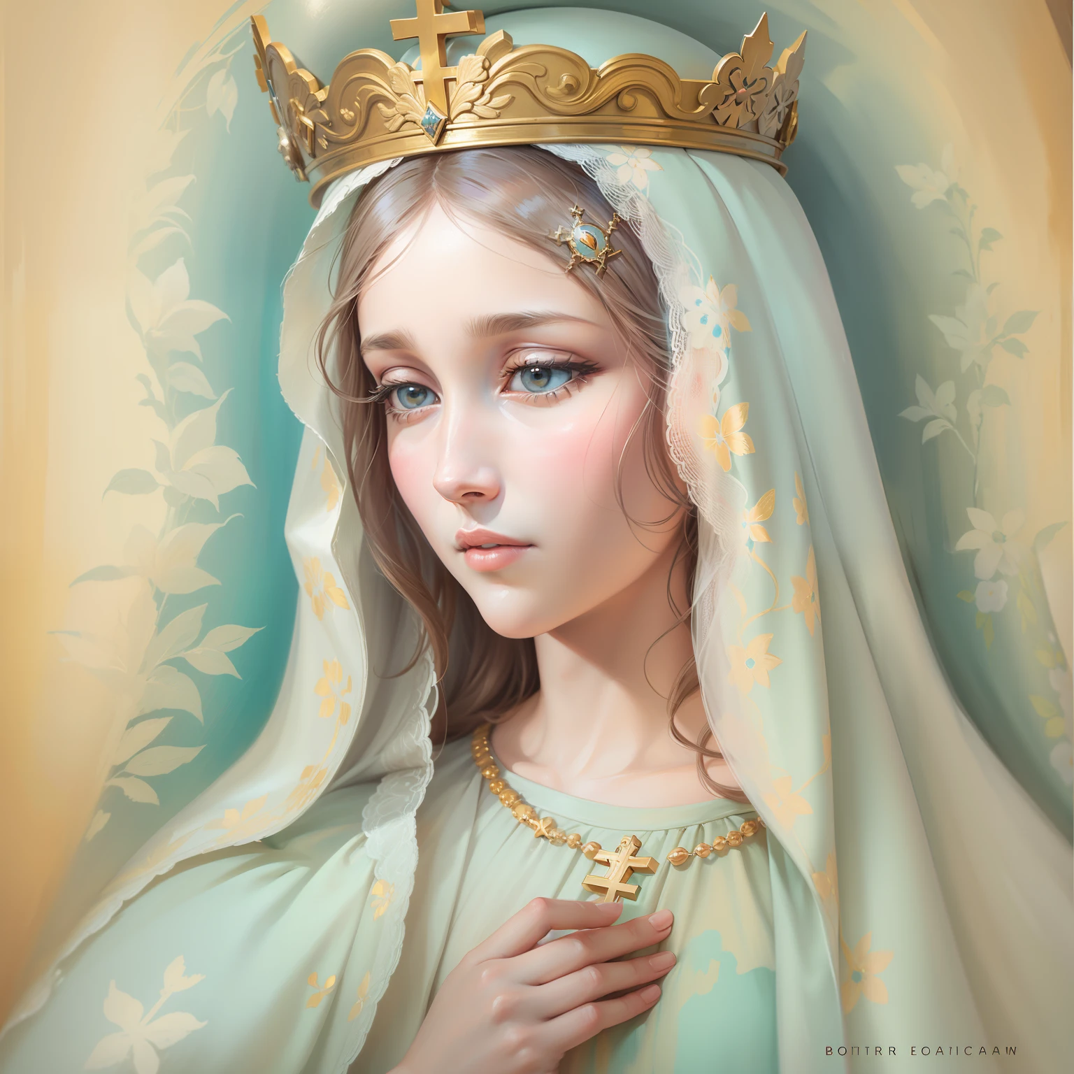 Create a painting of Our Lady with soft tones and pastel colors, representando sua bondade e ternura ((( Mother of Jesus according to Catholicism )))