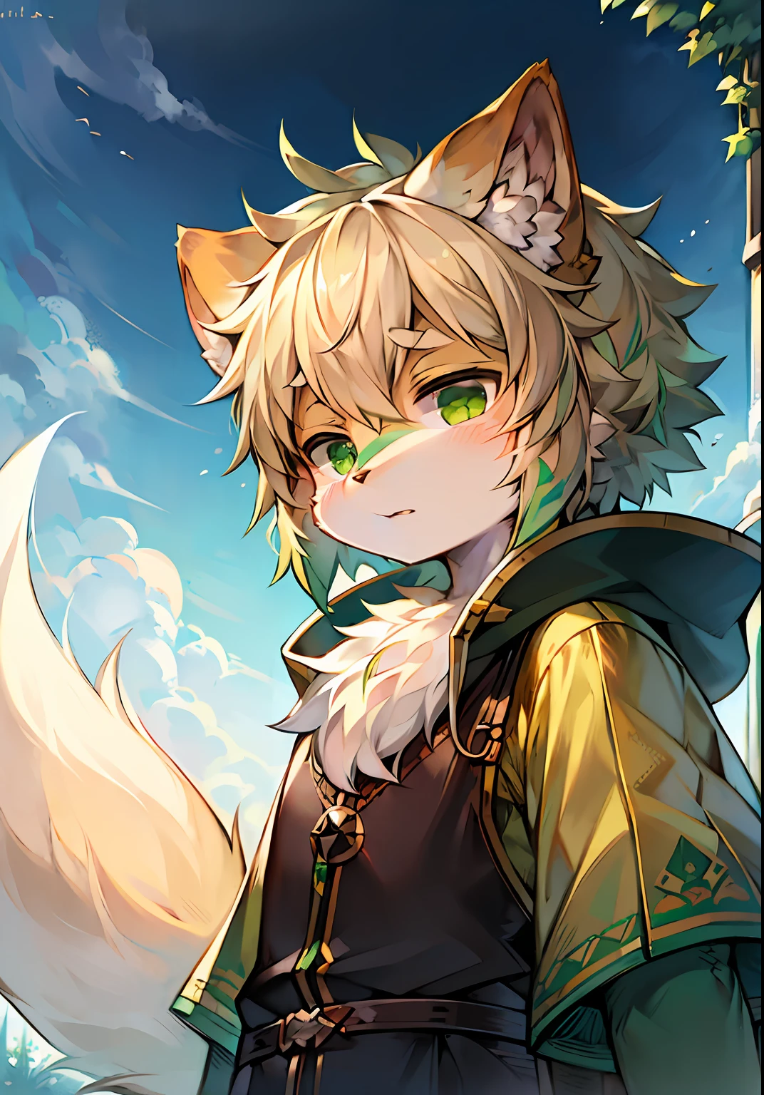 Masterpiece,High quality,abstract res,Digital painting\(artwork of a\), author：BrukkiGunar, Yupa,Kiyosan,(anthro,Fluffy fur,Character focus:1.1),anthro male cat,Portrait , eyes with brightness, in a panoramic view, Character focus.(detailedbackground:0.7), 独奏, shaggy, shaggy male, ,malefocus, Robust,Strong anthrax(Full Body Furry, It has a fluffy tail，With a green pattern, White fur, Dark green eyes), (Long felines、Dark green ears、Beige tail、It has a light green smoky pattern on its body、Beige hair， The tail has a dark green pattern），（External、In the daytime、clear skies）
