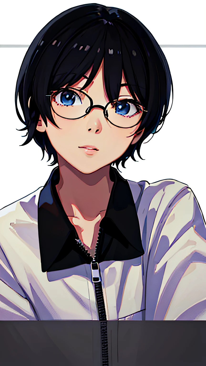 Anime girl posing for photo with glasses black zipper white coat and black collar,Plain white background,Short black hair slightly mid,8K,A high resolution