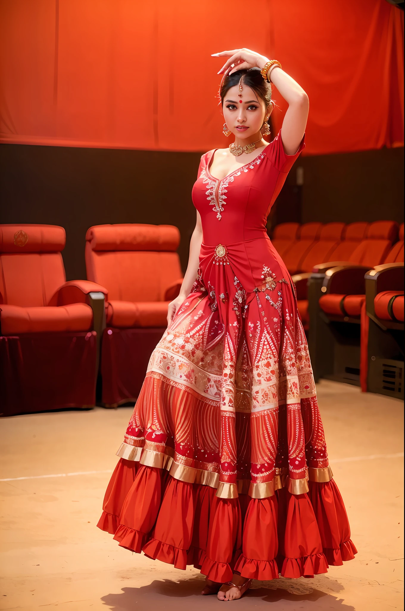 a woman is posing for a photo,(wearing indian_dance_dress:1.3), red dress, 
good hand,4k, high-res, masterpiece, best quality, head:1.3,((Hasselblad photography)), finely detailed skin, sharp focus, (cinematic lighting), collarbone, night, soft lighting, dynamic angle, [:(detailed face:1.2):0.2],(((exhibition inside theater))),