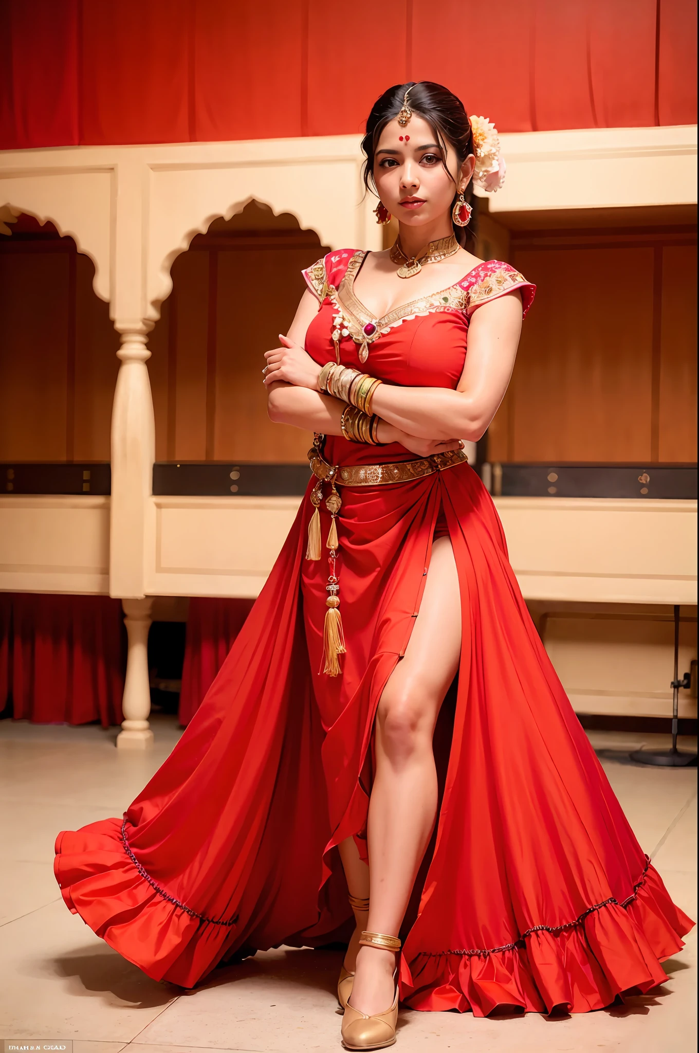 a woman is posing for a photo,(wearing indian_dance_dress:1.3), red dress, 
good hand,4k, high-res, masterpiece, best quality, head:1.3,((Hasselblad photography)), finely detailed skin, sharp focus, (cinematic lighting), collarbone, night, soft lighting, dynamic angle, [:(detailed face:1.2):0.2],(((exhibition inside theater))),