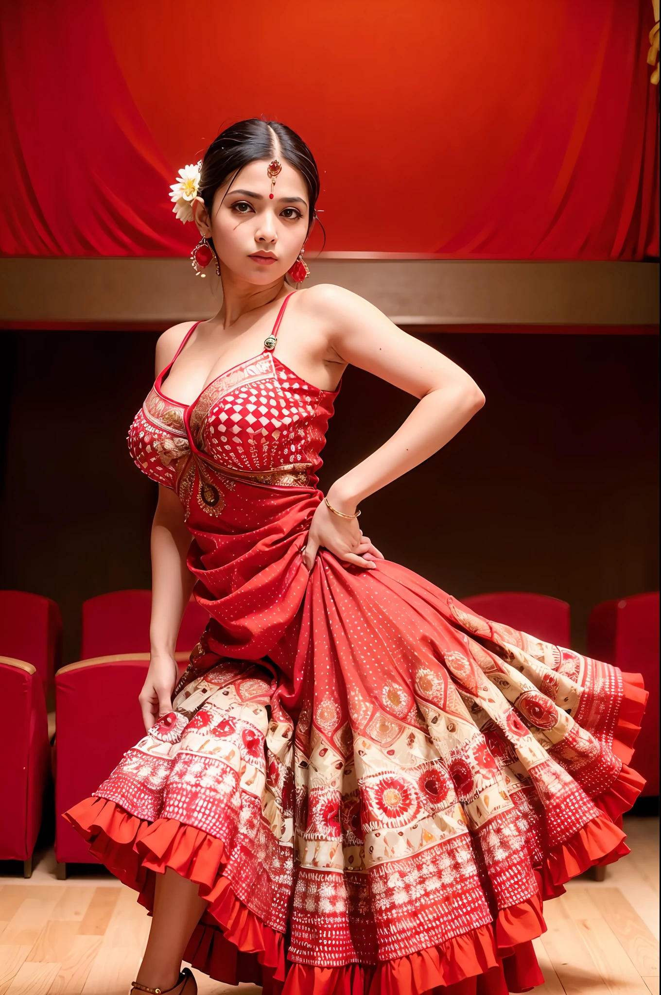 a woman is posing for a photo,(wearing indian_dance_dress:1.3), red dress, 
good hand,4k, high-res, masterpiece, best quality, head:1.3,((Hasselblad photography)), finely detailed skin, sharp focus, (cinematic lighting), collarbone, night, soft lighting, dynamic angle, [:(detailed face:1.2):0.2],(((exhibition inside theater))),