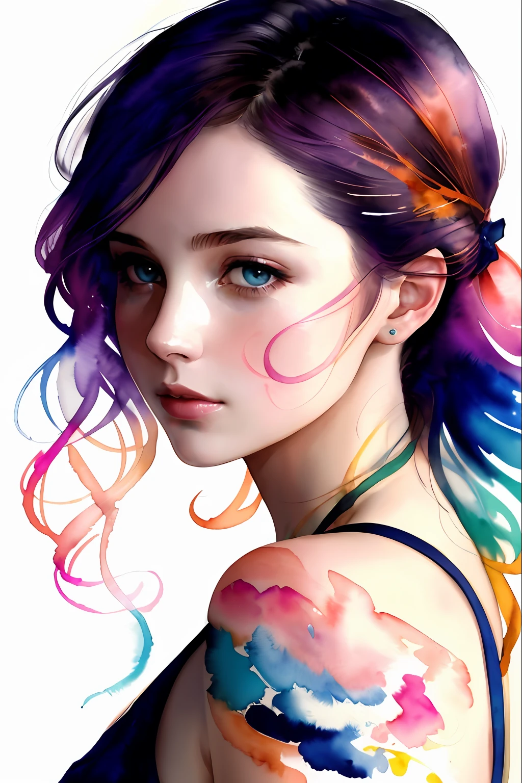 (8k, best quality, masterpiece:1.2),(best quality:1.0), (ultra highres:1.0), watercolor, a beautiful woman, shoulder, hair ribbons, by agnes cecile, half body portrait, extremely luminous bright design, pastel colors, (ink:1.3), autumn lights