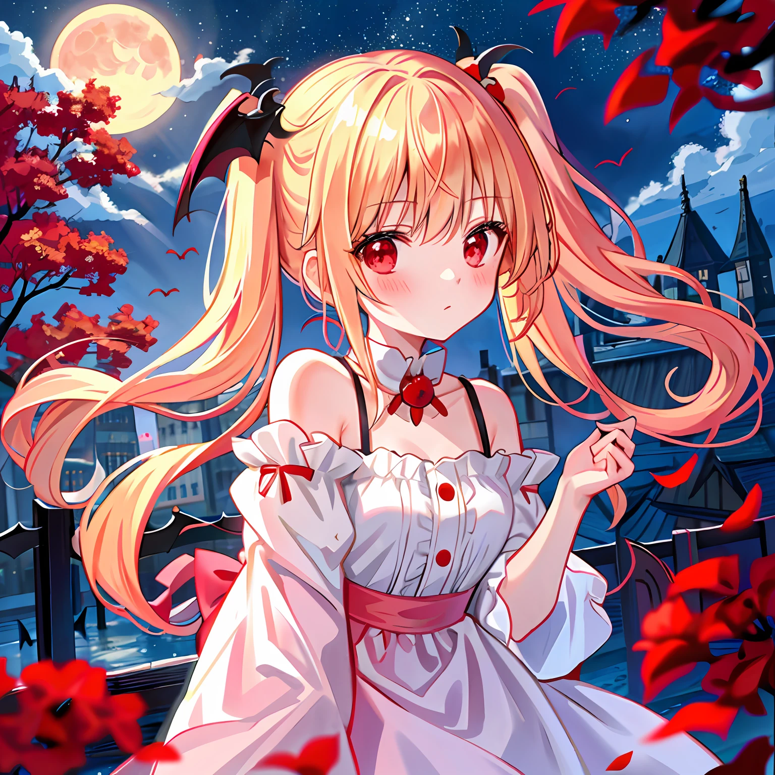 red blush、blonde hair、poneyTail、red eyes、Beautiful girl alone、animesque、独奏、lonely、Vampires、the bats、a moon、natta、doress、off shoulders