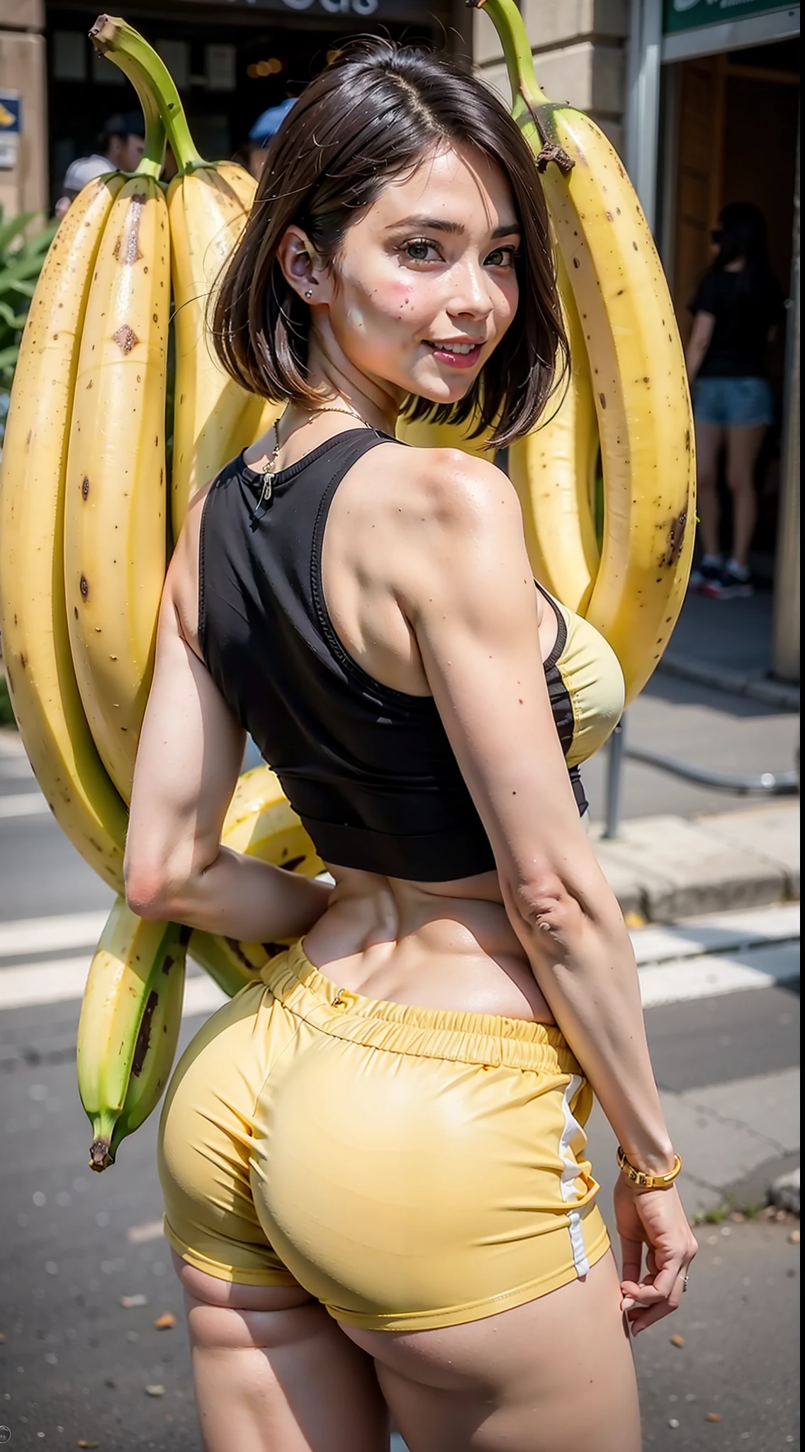 Beautiful blonde araffe woman hugging a giant banana posing for photo, Trend in CGTacing:, pose atraente, Bananas, hyper real render, Pose casual, banana amarela perfeita levemente curva, bunda forte, Coxas Fortes, seios grandes, cintura fina, pele cara, gogo dancer, mini saia curta, realista, top e shorts curto streetwear, Loire, shorts curto, mini saia curta, mulher voluptuosa, sexy, Top e Shorts, shorts despojados, cor banana, Ross Tran 8 K, Amouranth, Sorriso aberto, bananas caindo no ar ao fundo, bananas on the ground in the background.