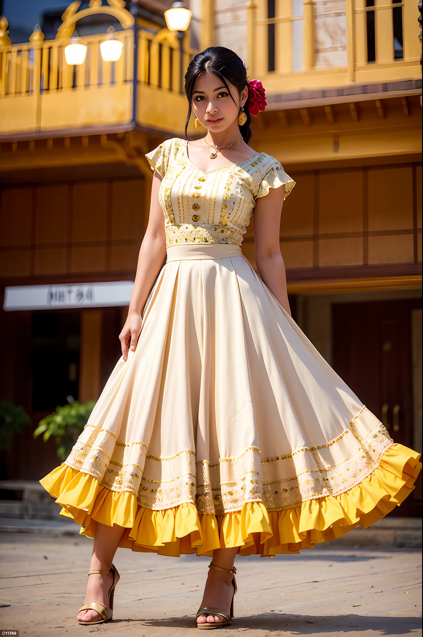 A woman poses for a photo，（Wear indian_dance_dress：1.3），golden dress，
nice hand，4k，A high resolution，tmasterpiece，best qualtiy，head：1.3，（（Hasselblad photograp）），finelydetailedskin，Clear focus，（cinmatic lighting），鎖骨，during night，gentle lighting，dynamic angle，[:(Detailed face：1.2）：0.2]，（（（In-theatre exhibitions））），