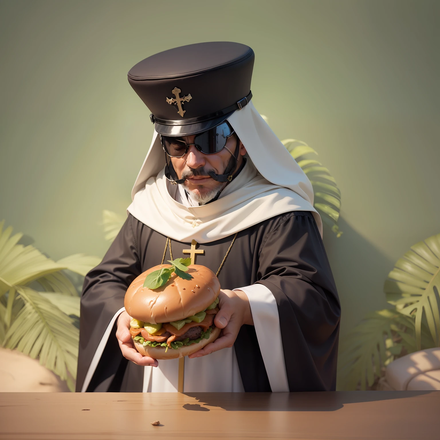 There is a picture of a bishop holding a double meat sandwich, anonymous as a sausage, inspirado em uma praia, with a plank under the bishop's arm