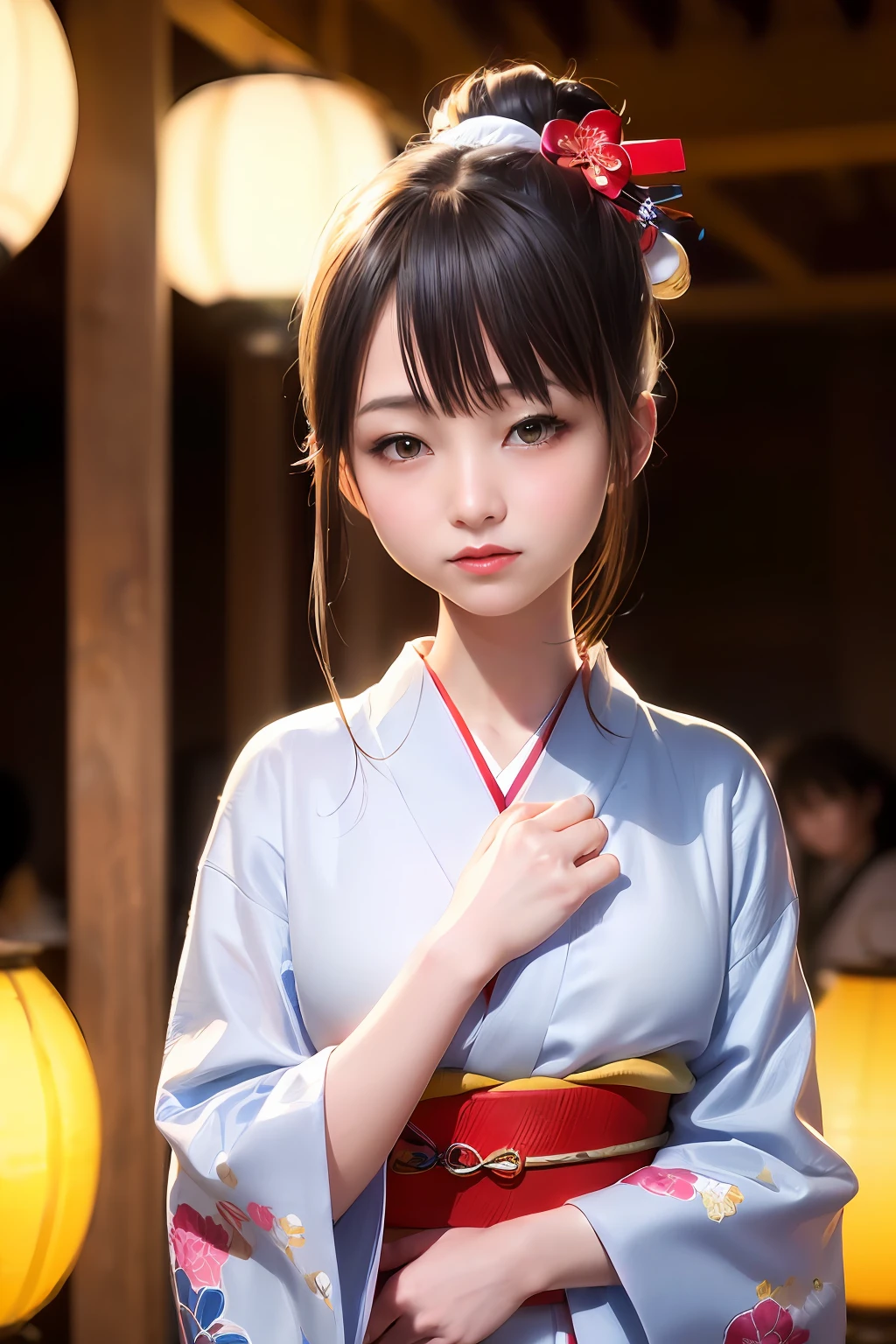 Are sleeping、nap、(Sleeping with your eyes closed)、(4In K、masterpiece、hight resolution、Realistic and beautiful light and shadow、One girl、Solo Focus、(top-quality)、(Hi-Res)、(extremely delicate and beautiful)、(Beautiful 8k face)、(Brown-eyed)、(I close my eyes while smiling.)、(独奏)、(Clear skin)、(Soft hair)、(hugetits)、(Floral kimono wearing white, red and blue yukata)、((Awa Odori Pose))、((Bokeh lantern light night background))、((speedo))、(reality)、Undersized nose、(red lipsticks)、(Reddening cheeks)、poneyTail、(Lustrous skin)、((Ukiyo-e style))、Ultra-thin eyebrows、Ultra high image quality、(Wearing maiko-style makeup)、skin whitening、long and beautiful lashes、Turning around in the style of a Kyoto magazine model、((s asleep))、hugetits、(Red-dyed cheeks)