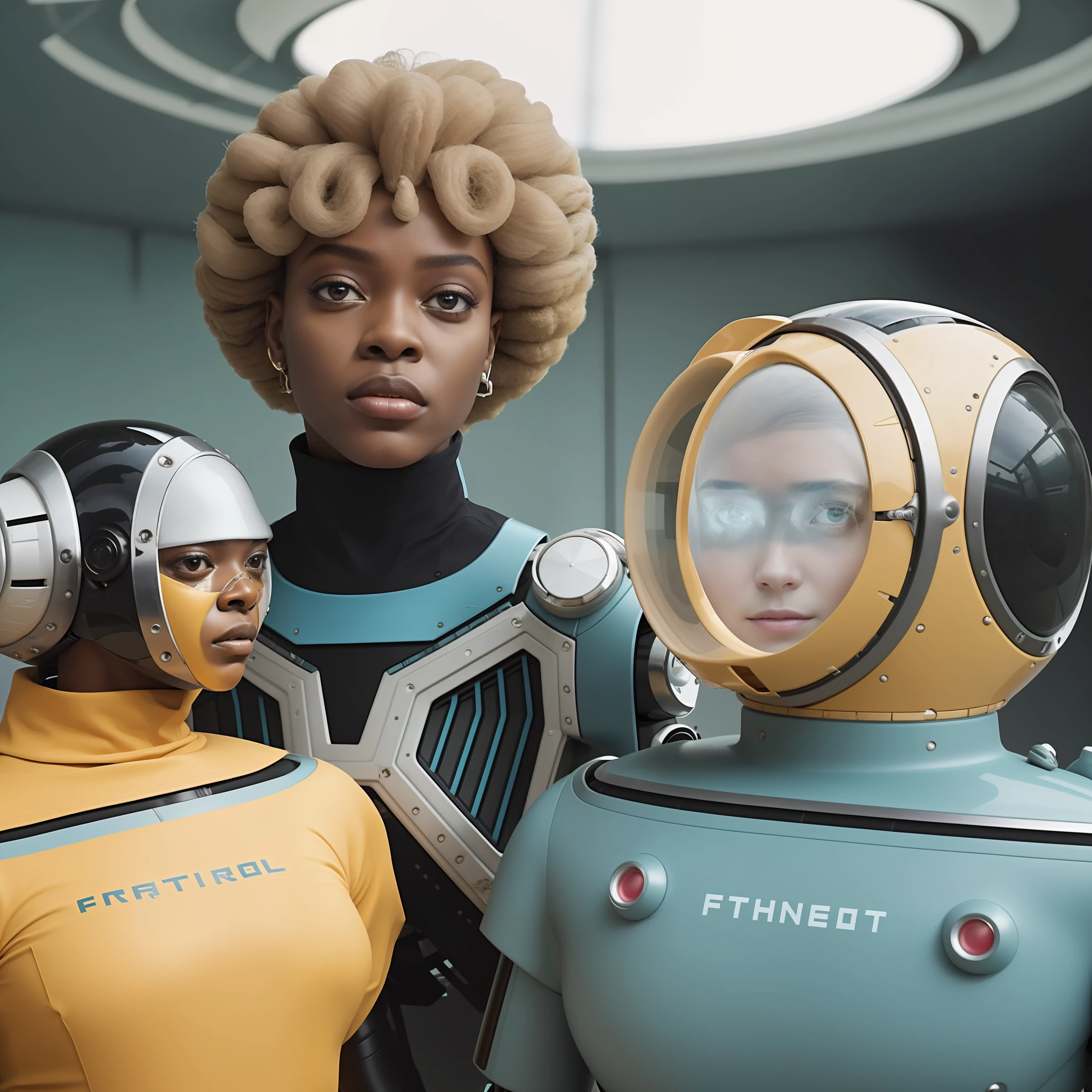 there are two robots that are standing next to each other, estilo afrofuturismoo, Elle Fanning como um androide, afrofuturismo, futurismo afro, as a retro futuristic heroine, 7 0's vintage sci - estilo fi, androide feminina africana, retro futuristic style, Afrofuturista, as a retrofuturistic heroine, afro - estilo futurista, afrofuturista, afro futurista