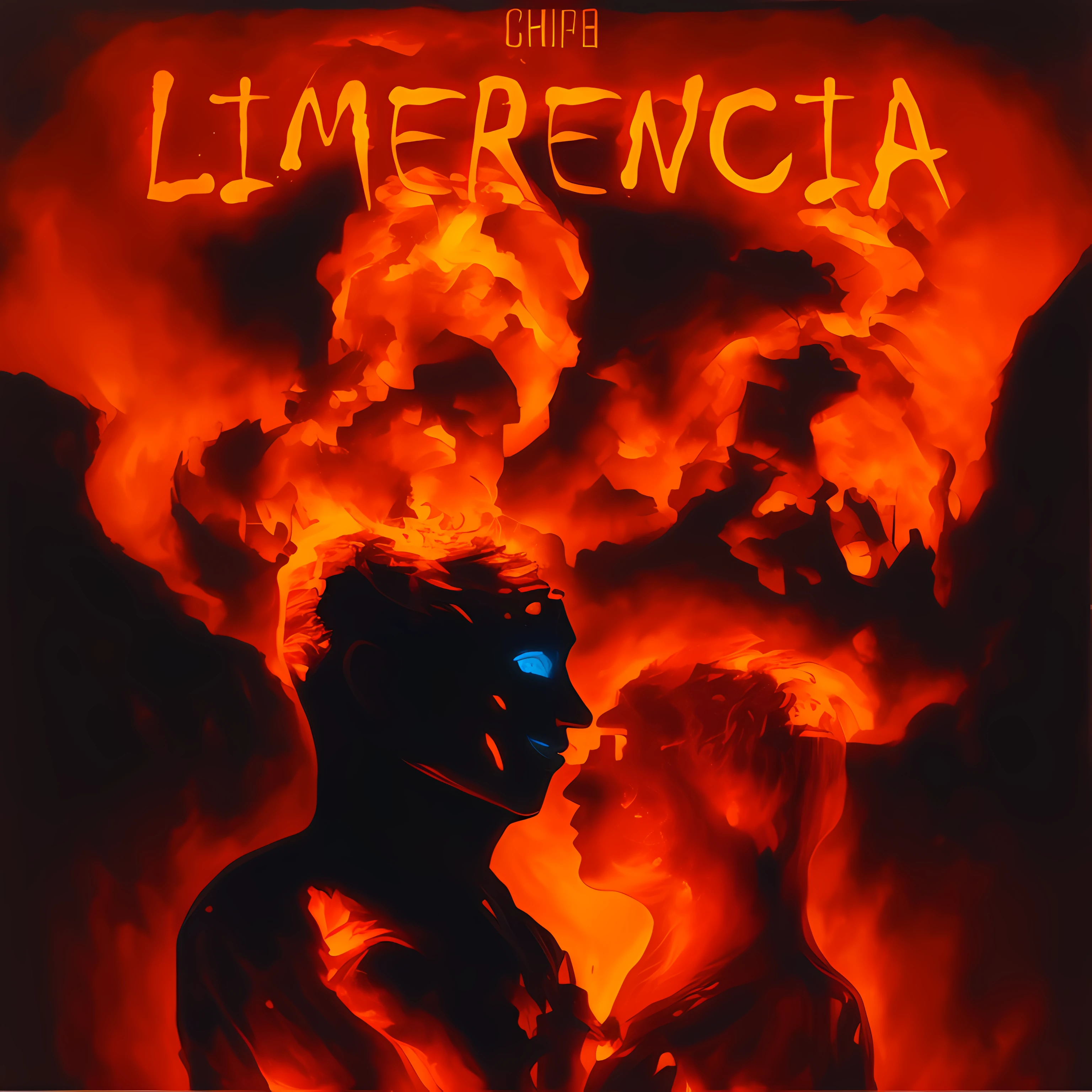 there is a poster of two people standing in front of a fire, chimerical, chimera, album art cover, luminescence, album art, album artwork, album cover, ephemeral, cover art, coherent image, album cover!, new album cover, official artwork, tempera, cartoon in oil paiting