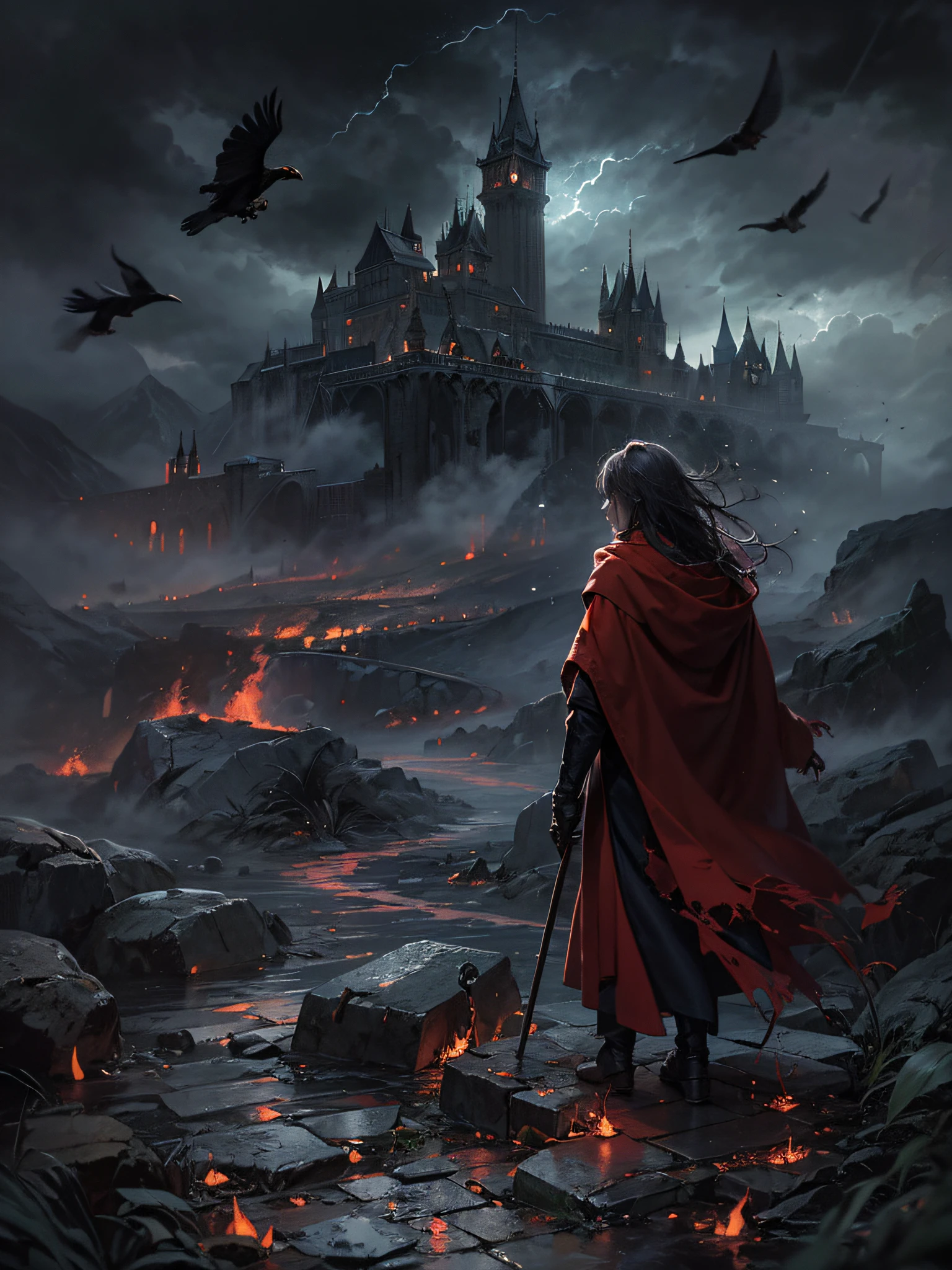 ((masterpiece, best quality)), Red cloak, hunched posture, stormy skies, windswept hair, clenched fists, magic staff, ancient runes, glowing eyes, castle ramparts, tattered robes, fiery aura, furrowed brow, clenched jaw, gloomy surroundings, cracked stones, swirling leaves, dark clouds, looming towers, flickering torches, intense gaze, shadowy figures, distant mountains, ominous weather, frayed edges, pulsating magic, startled crows, worn cobblestones, vibrant spells, moonlit backdrop, lonely figure, echoing thunder