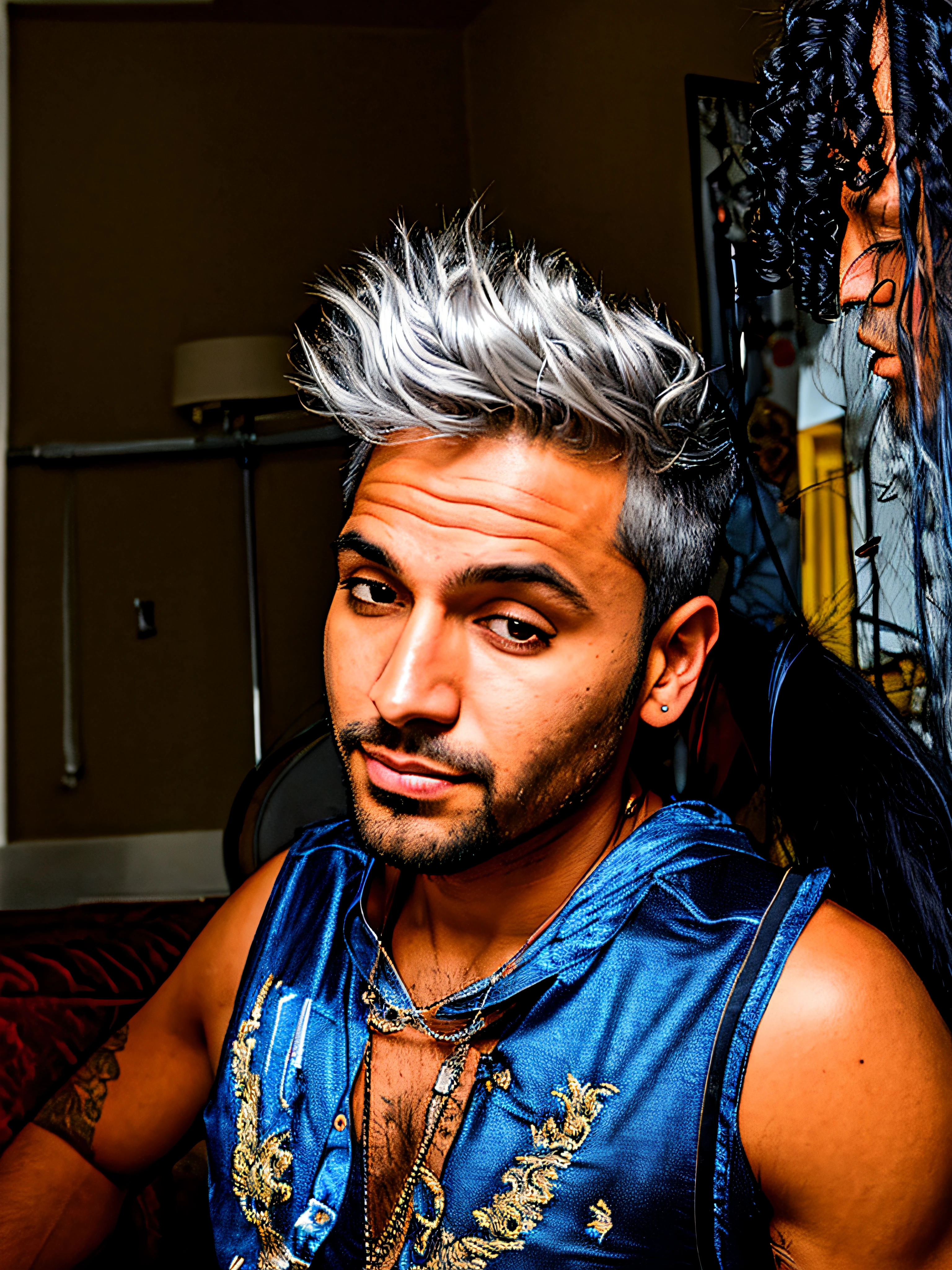 homem arafed com um moicano sentado em uma cadeira com um vermelho, camisa branca e azul, Streamer do Twitch / Jogador Ludwig, ele tem cabelos grisalhos escuros, alguns cabelos grisalhos, cabelos grisalhos nublados, usando cabelos prateados, cabelos brancos loucos, cabelos prateados, cabelos prateados, um louco de cabelos prateados, cabelos grisalhos, cabelos grisalhos, silver hair so long, homem de cabelos grisalhos escuros