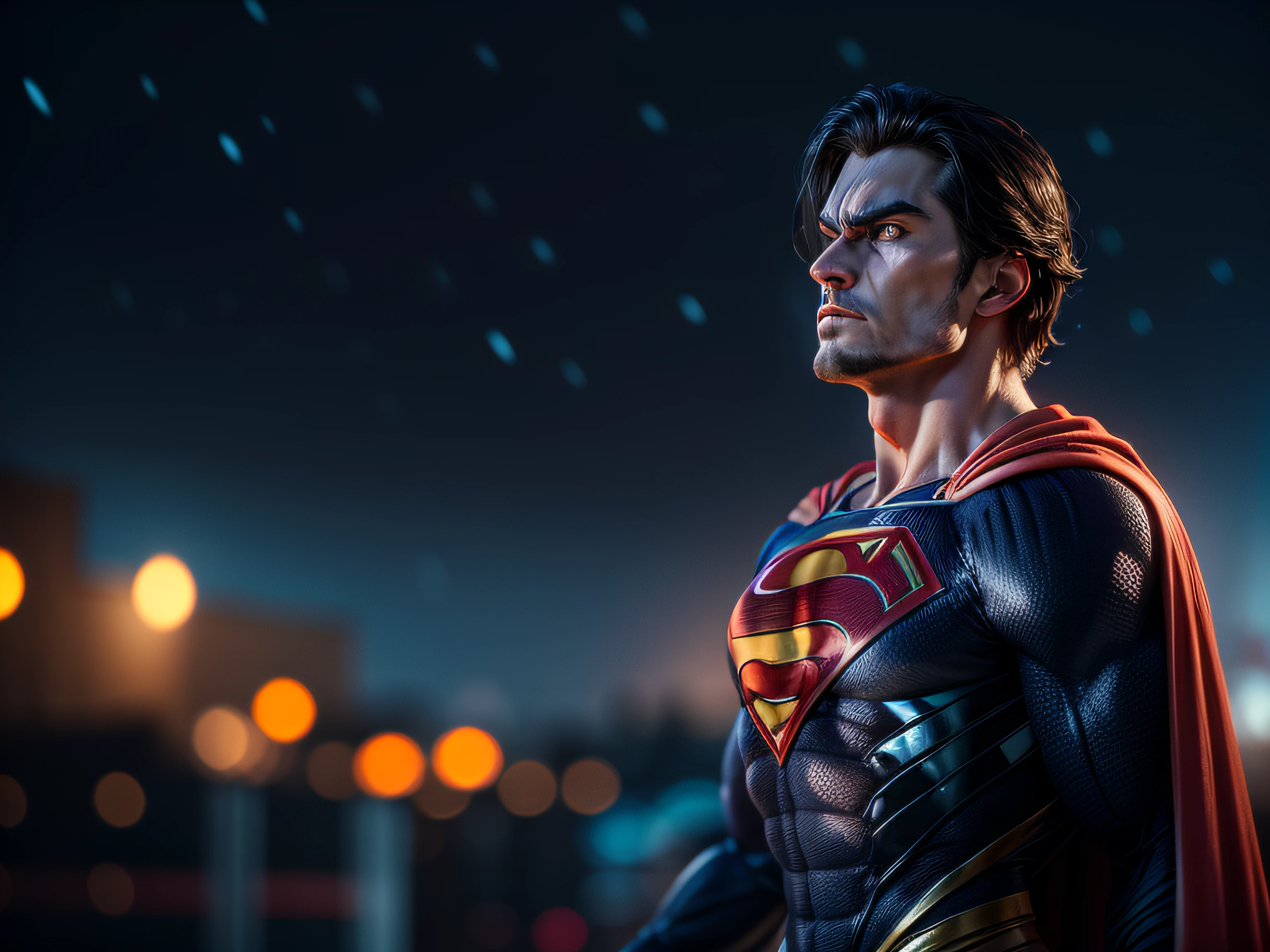 Close a powerful threat, The imposing appearance of the mighty Superman dressed in orange uniform, menacing stare, ricamente detalhado, Hiper realista, 3D-rendering, obra-prima, NVIDIA, RTX, ray-traced, Bokeh, Night sky with a huge and beautiful full moon, estrelas brilhando, 8k,