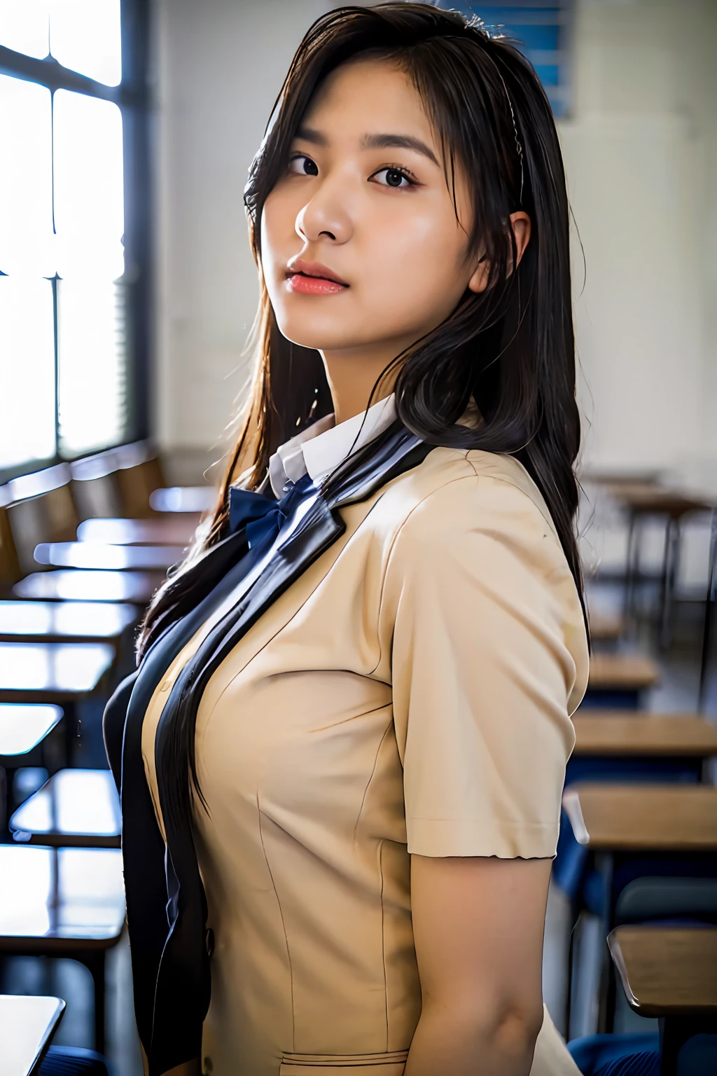 25 years old woman, ((at classroom)), ((school uniform)), RAW photo, (photorealistic:1.37, realistic), highly detailed CG unified 8K wallpapers, 1girl, ((thick body:1.1)), (large breasts:1.2) , looking at viewer, (((straight from front))), (HQ skin:1.2, shiny skin), 8k uhd, dslr, soft lighting, high quality, film grain, Fujifilm XT3, ((full body:0.8)), (professional lighting:1.4) ,  zeeasadel