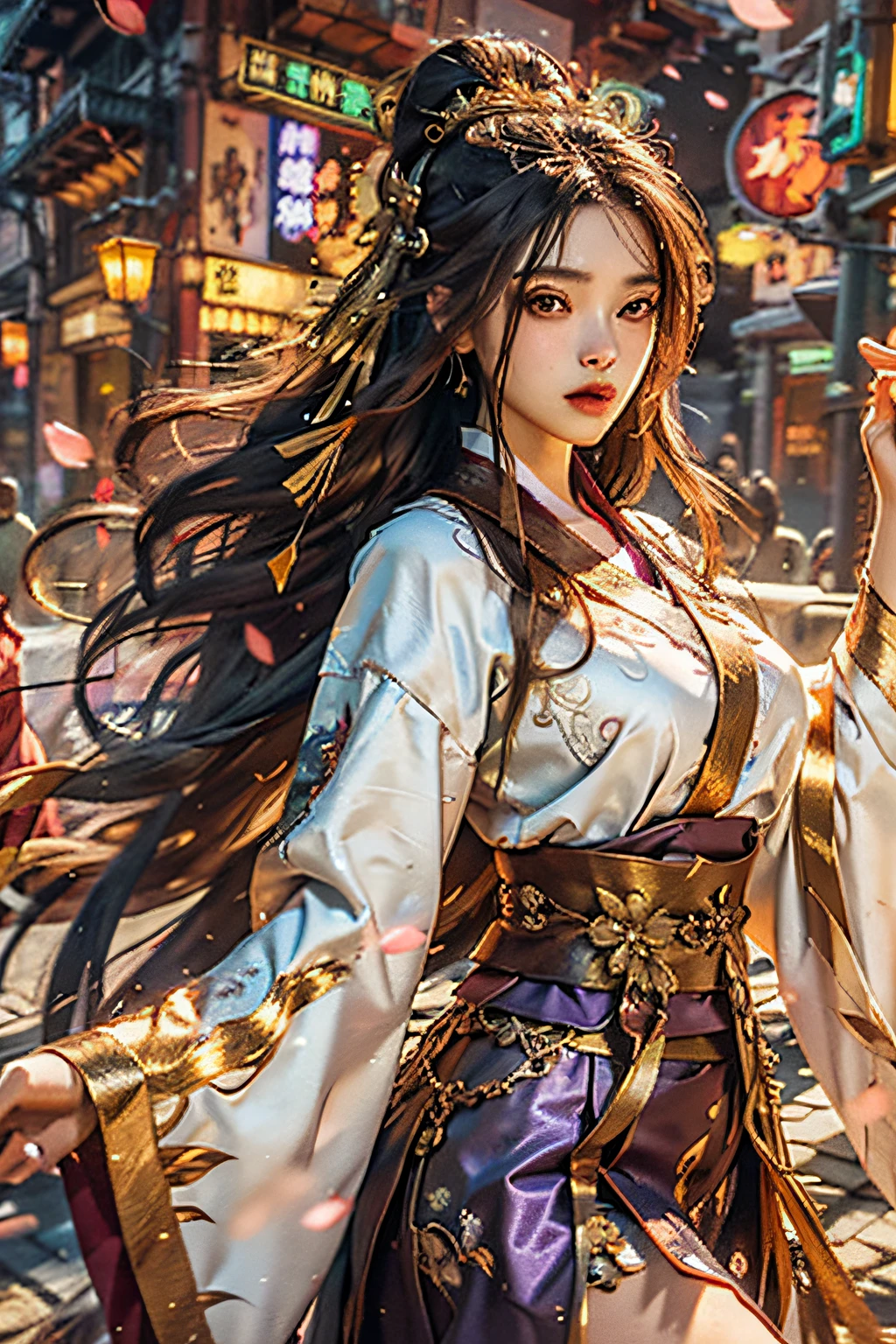 Superb Beauty, Masterpiece, High Resolution, (Exquisite Body: 1.5), Beauty, Extra Large Breasts (2.5) Wide Buttocks, Thin Waist, Stunning Beauty, (Milky Skin: 1.3), Exquisite Details, High Resolution, Wallpaper, 1 Female, Solo, Dress, Hair Accessories, (((Golden Purple Skirt)) ), Flower, Long Hair, Brown Hair, Shut Up, Accessories, Long Sleeves, Raised Hands, Wide Sleeves, Big Eyes, Flowing Hair, Hanfu, Hanfu, Embroidery, Long Dress, Natural Pose, Falling Petals, Indoor, Fanning, Lantern, 16K, HDR, High Resolution, Depth of field, (Film grain: 1.1), Bocon, Primetime, (lens flare), vignette, rainbow, (color grading: 1.5)