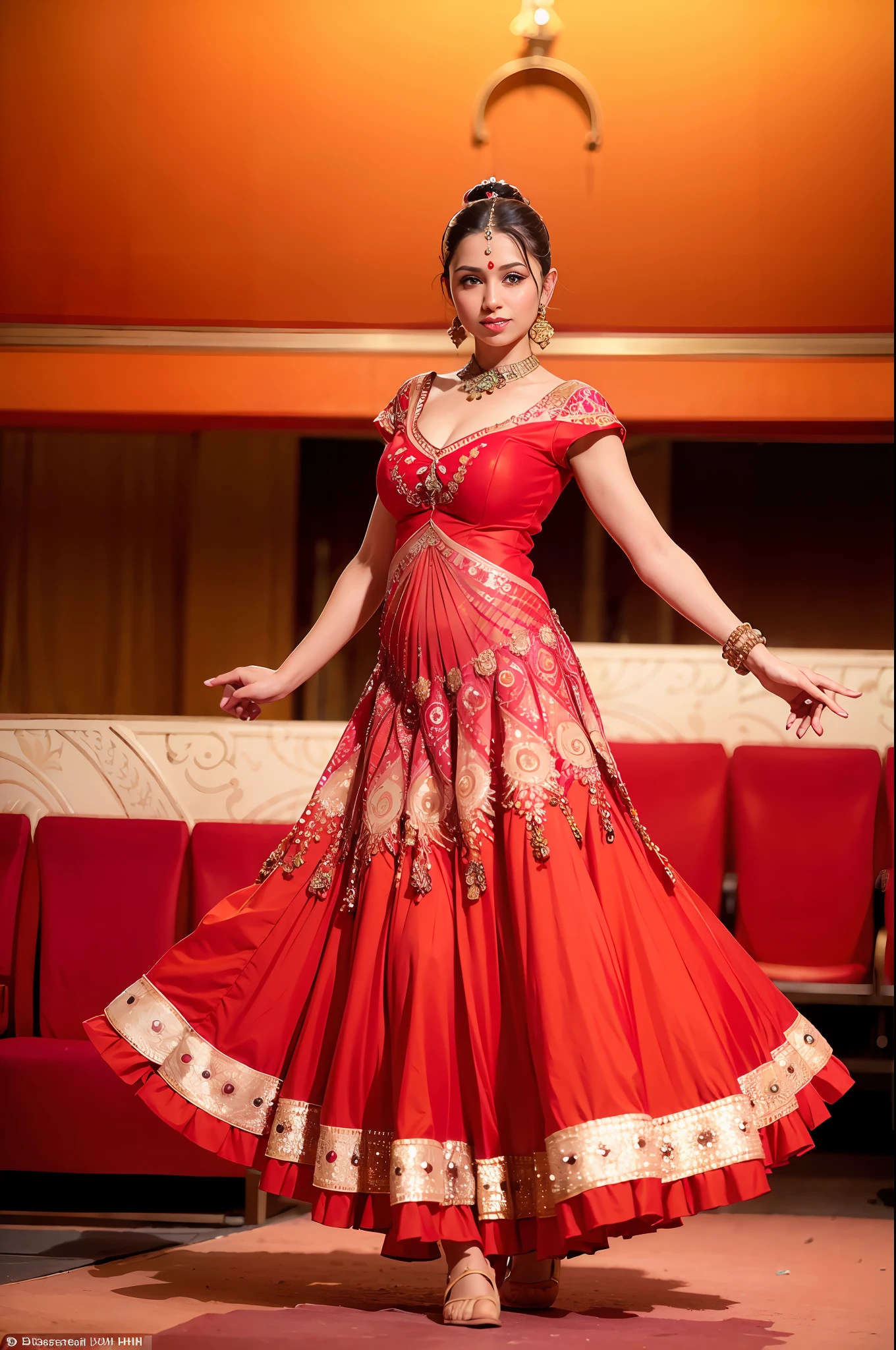 a woman is posing for a photo,(wearing indian_dance_dress:1.3), red dress, 
good hand,4k, high-res, masterpiece, best quality, head:1.3,((Hasselblad photography)), finely detailed skin, sharp focus, (cinematic lighting), collarbone, night, soft lighting, dynamic angle, [:(detailed face:1.2):0.2],(((exhibition inside theater))),