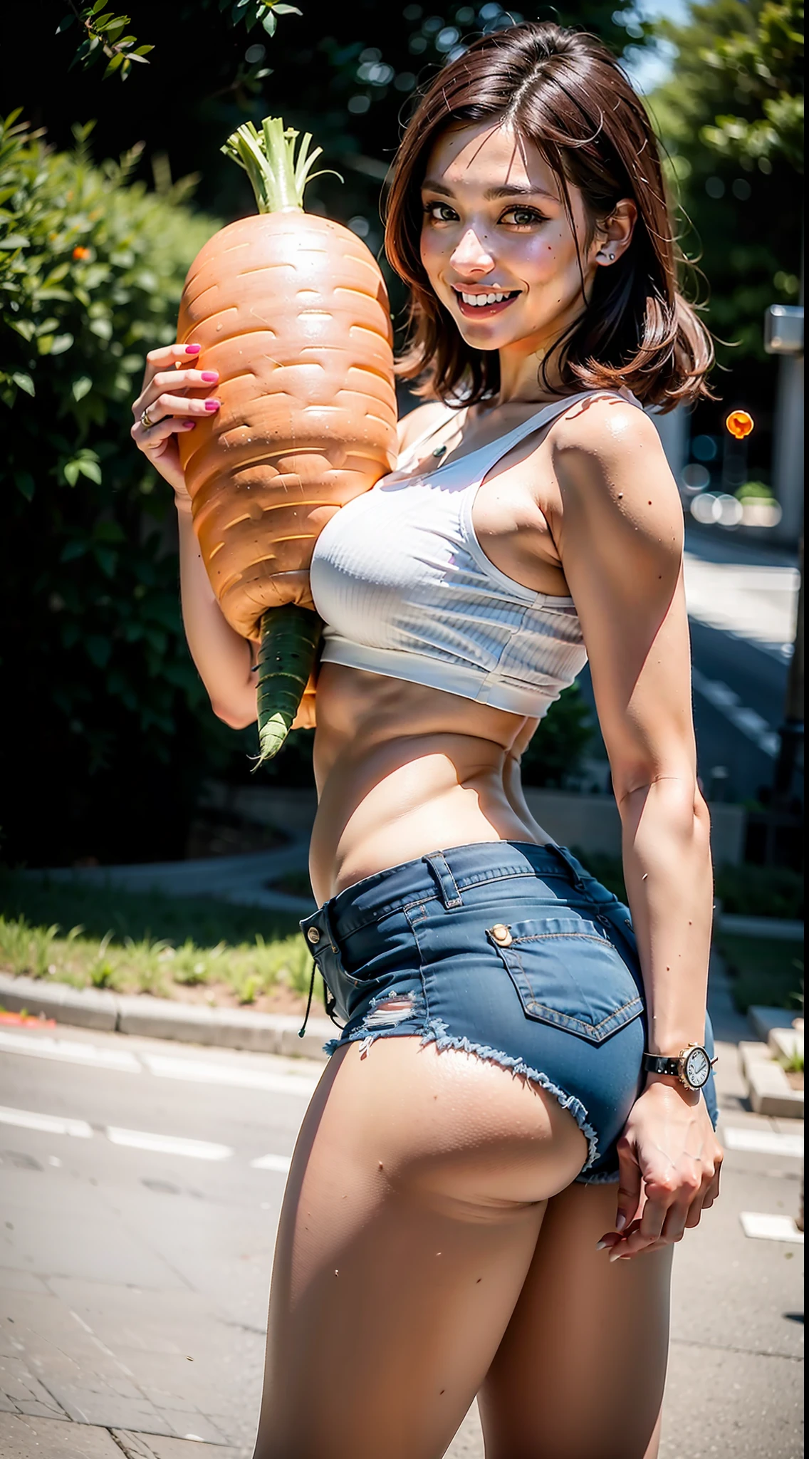 Beautiful redhead woman hugging a giant carrot posing for photo, Trend in CGTacing:, pose atraente, cenouras , hyper real render, Pose casual, cenoura  bunda forte, Coxas Fortes, seios grandes, cintura fina, pele cara, gogo dancer, mini saia curta, realista, top e shorts curto streetwear, ruiva, shorts curto, mini saia curta, mulher voluptuosa, sexy, Top e Shorts, shorts despojados, cor cenoura , Ross Tran 8 K, Amouranth, Sorriso aberto,