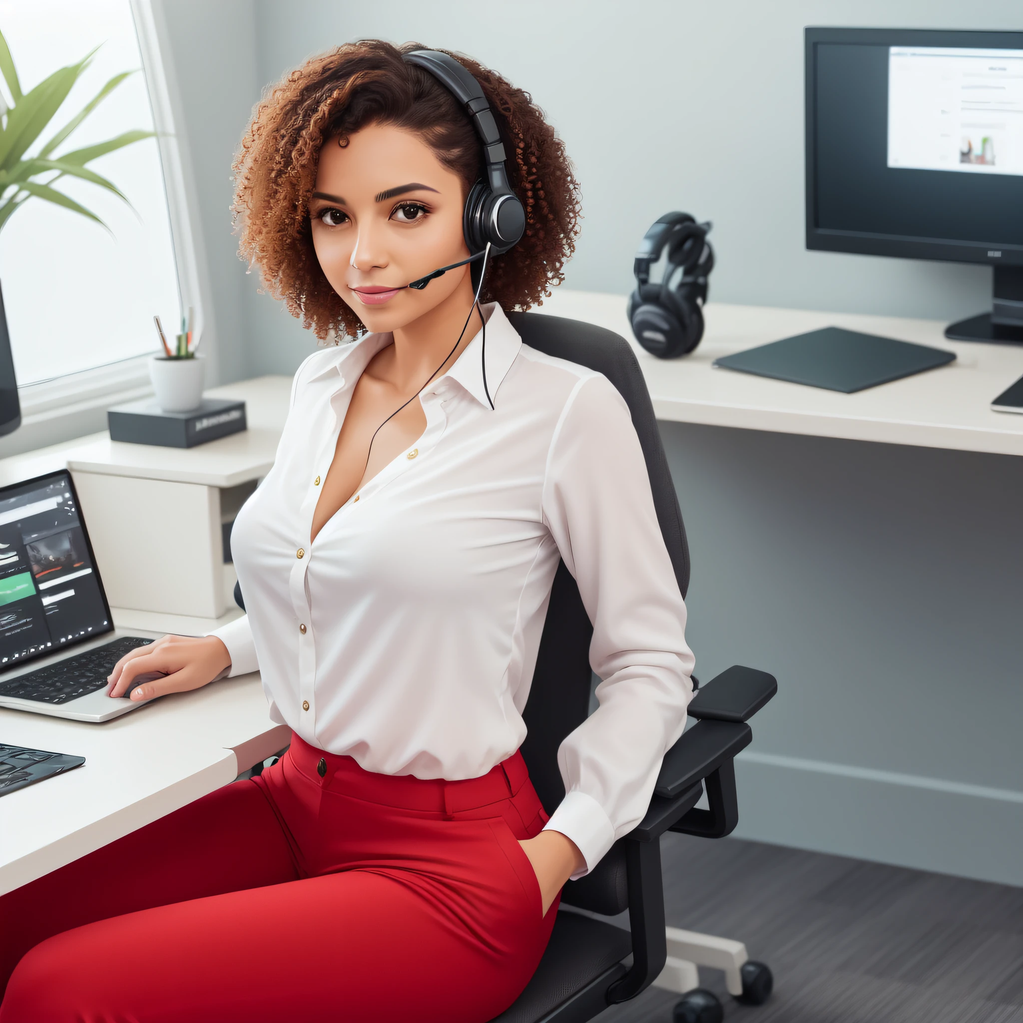 Just a green-eyed, curly-haired virtual assistant wearing a white blouse and red netflix-toned pants. Usando um headset branco. The assistant is Brazilian and has small breasts. She's alone at an American plane angle. She's in a white office sitting in a chair staring into the camera.