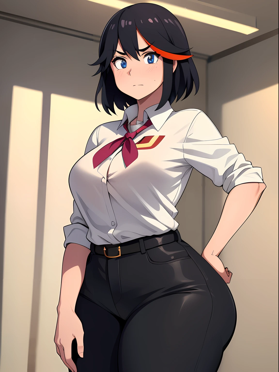 ((kipteitei)), ((masterpiece)), (((best quality))), ((ultra-detailed)), (((illustration))), detailed face, ultra cute face, detailed body, ((Line art)), (in the style of cell shaded), (vivid colors), skindentation, ((1girl)), ((solo)), matoi ryuuko, (white shirt), black pants, (tight pants), hand on hip, looking at viewer, cowboy shot, blushing, embarrassed, standing in private office, medium breasts, perky breasts, ((wide hips)), (((thick thighs))), thicc, pudgy,