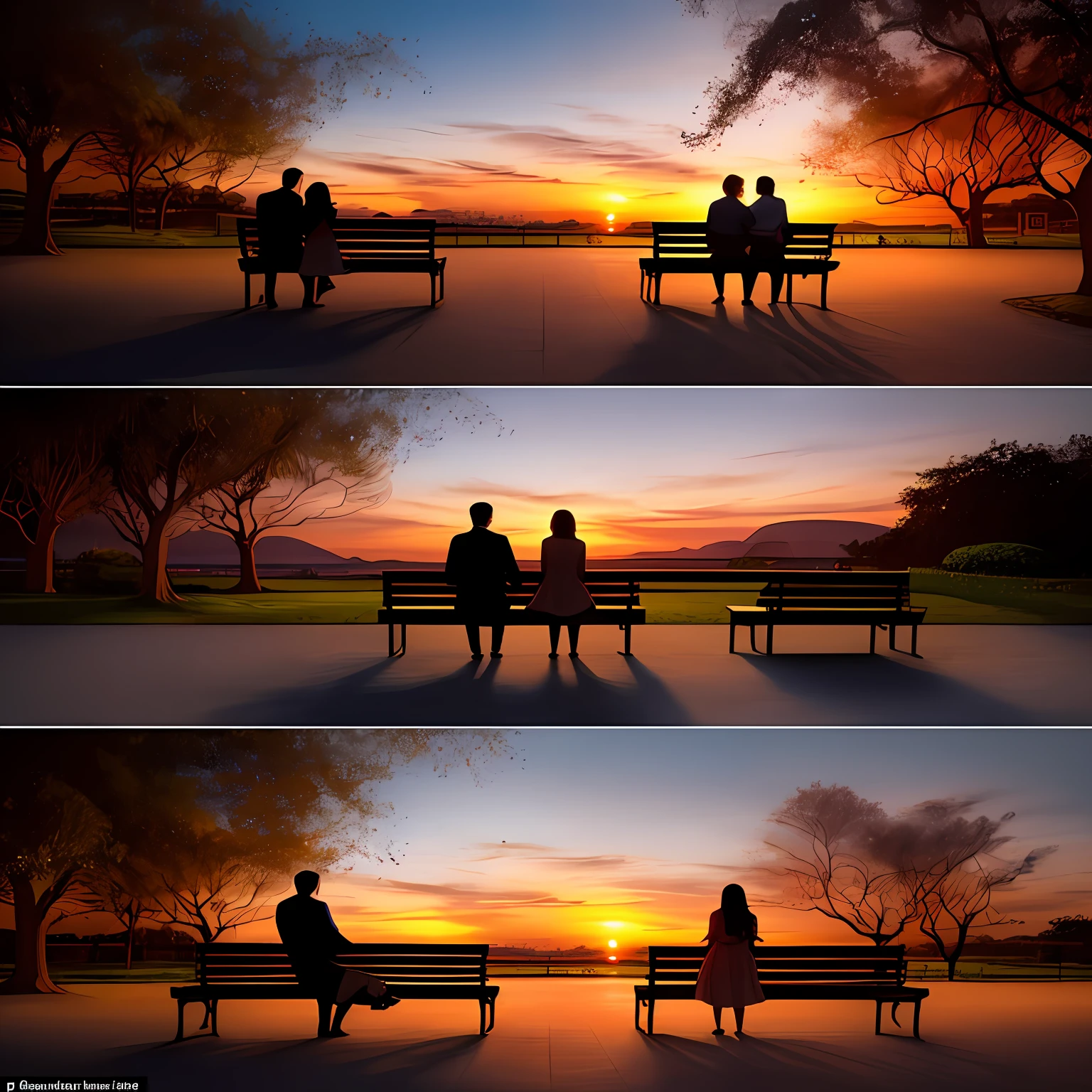 Illustrate two contrasting scenes – one image showing a couple in love sharing a romantic moment and another image with a lonely person contemplating the sunset on a park bench