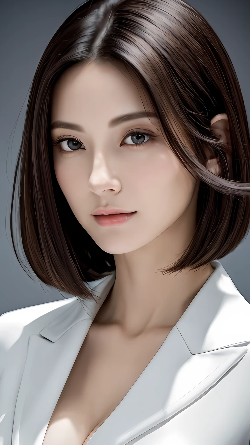(masterpiece:1.3), (8K, Photorealsitic, Raw photography, Top image quality: 1.4), japanes, (1girl in), beauitful face, (Lifelike face), (A dark-haired, short-hair:1.3), Beautiful hairstyle, Realistic eyes, Beautiful eyes, (real looking skin), Beautiful skin, enticing, 超A high resolution, A hyper-realistic, high-detail, the golden ratio, Detal Face,see the beholder,middlebreasts,Female Announcer、Tall Slender、Beautuful Women、Lower body ultra-thin、Colossal tits、undershirt、caster、news、japanes、Japanese、Suits、A sexy
