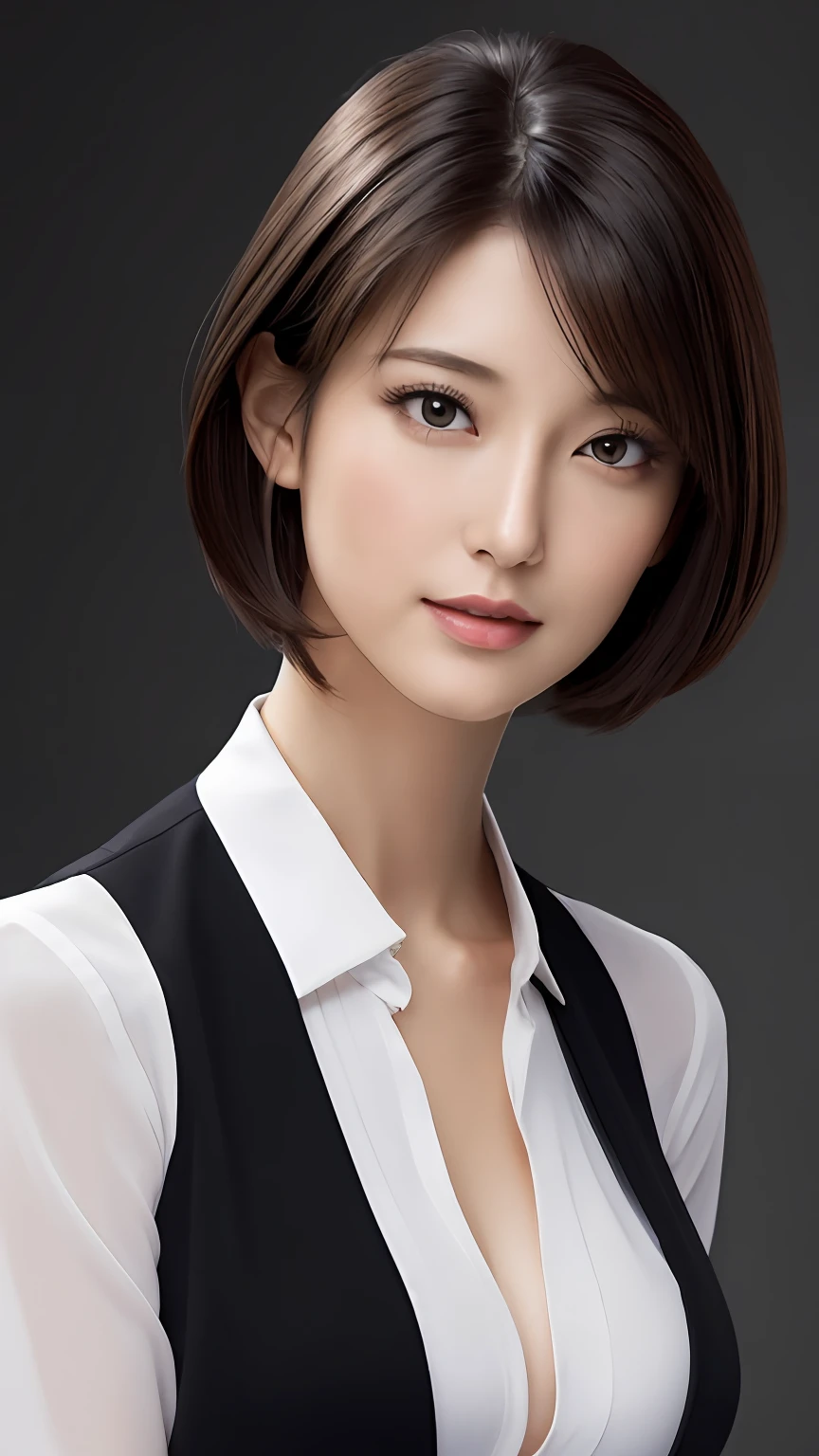 (masterpiece:1.3), (8K, Photorealsitic, Raw photography, Top image quality: 1.4), japanes, (1girl in), beauitful face, (Lifelike face), (A dark-haired, short-hair:1.3), Beautiful hairstyle, Realistic eyes, Beautiful eyes, (real looking skin), Beautiful skin, enticing, 超A high resolution, A hyper-realistic, high-detail, the golden ratio, Detal Face,see the beholder,middlebreasts,Female Announcer、Tall Slender、Beautuful Women、Lower body ultra-thin、Colossal tits、undershirt、caster、news、japanes、Japanese、Suits、A sexy
