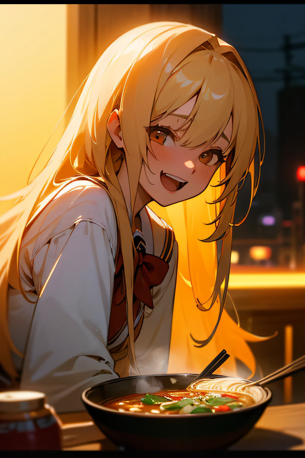 (masterpiece), best quality, ultra high res, close up, slim body, 1girl,school uniform, long hair, laughing, ramen, night, Tokyo restaurant background, colorful lights, photon mapping, radiosity, physically-based rendering, cinematic lighting, intricate, High Detail, Sharp focus, dramatic, photorealistic --auto