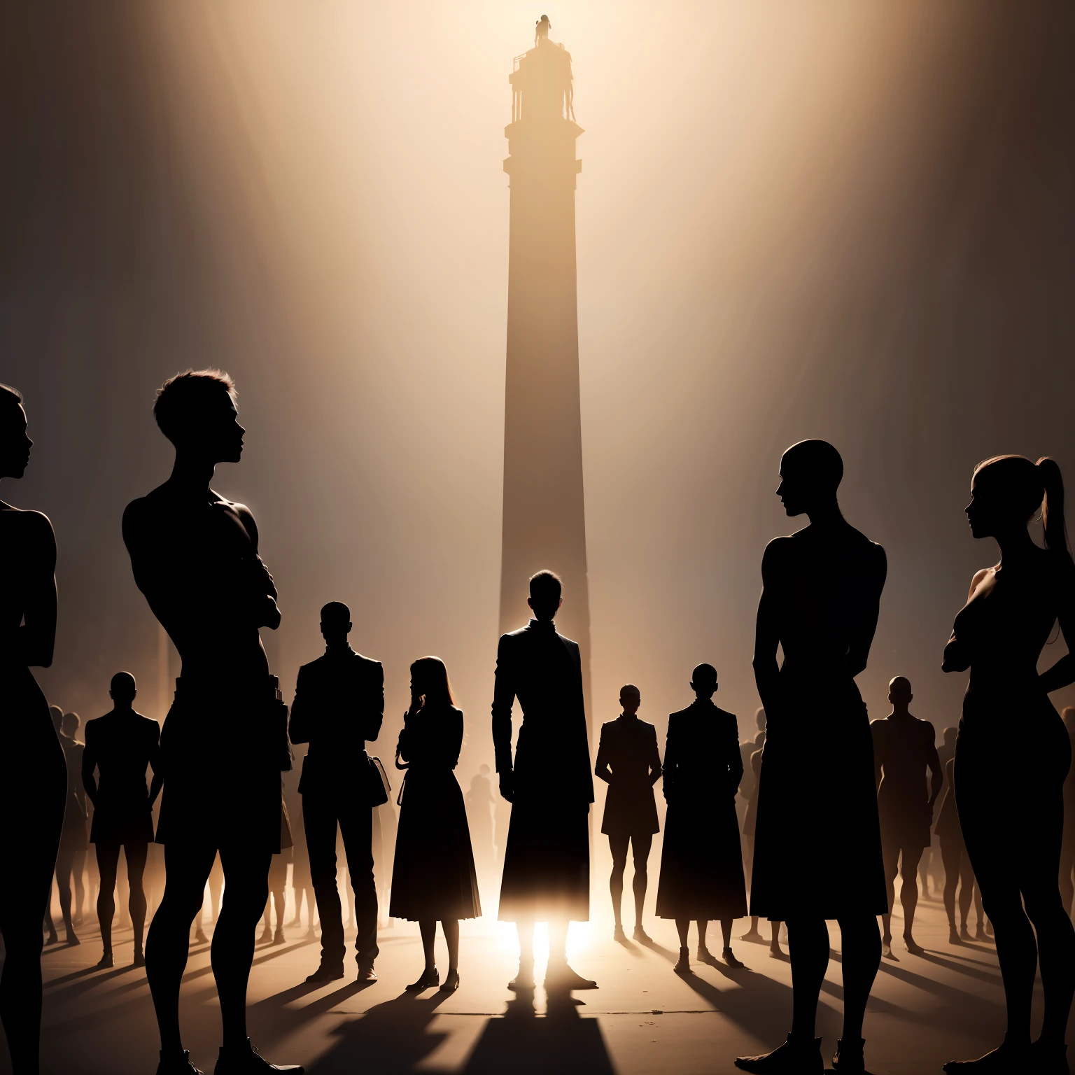 Crowd of silhouettes of tall thin pore people with well defined body structure all of them are in dark environment