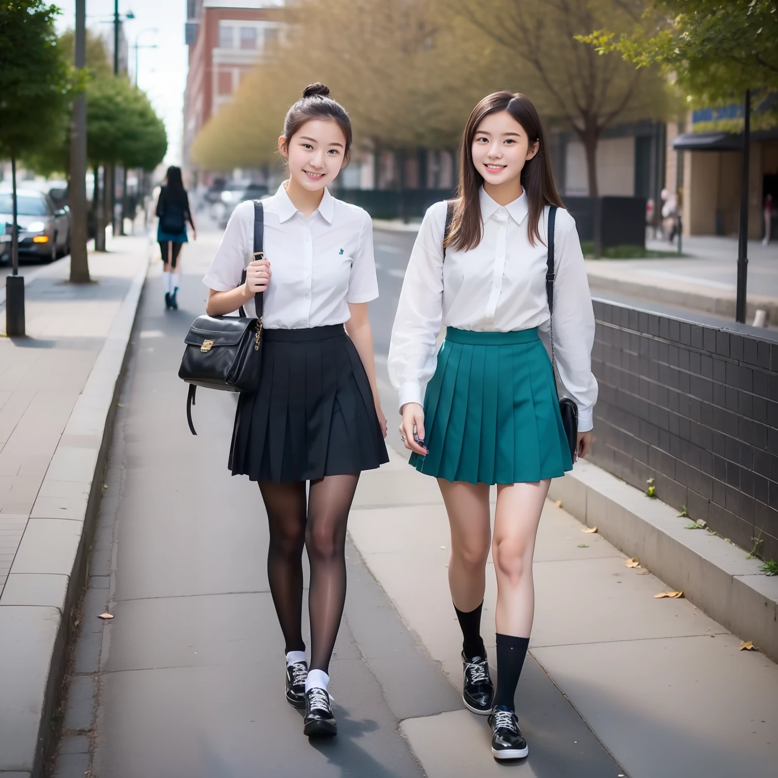 18-year-old high school girl,pixie hair,Green button,a black pleated skirt,White socks,Black shoes,wearing school bag,Walk on the sidewalk,