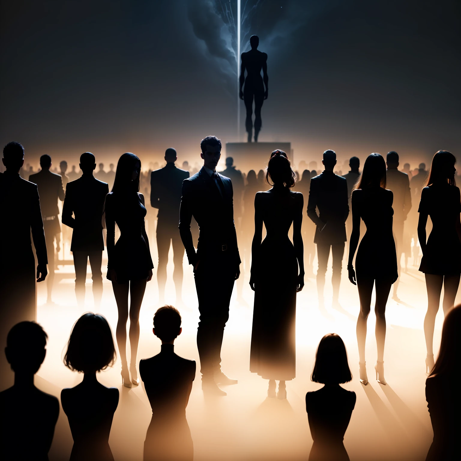 Crowd of silhouettes of tall thin pore people with well defined body structure all of them are in dark environment