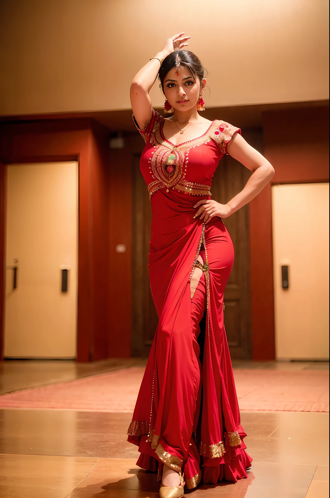 a woman is posing for a photo,(wearing indian_dance_dress:1.3), red dress, 
good hand,4k, high-res, masterpiece, best quality, head:1.3,((Hasselblad photography)), finely detailed skin, sharp focus, (cinematic lighting), collarbone, night, soft lighting, dynamic angle, [:(detailed face:1.2):0.2],(((exhibition inside theater))),