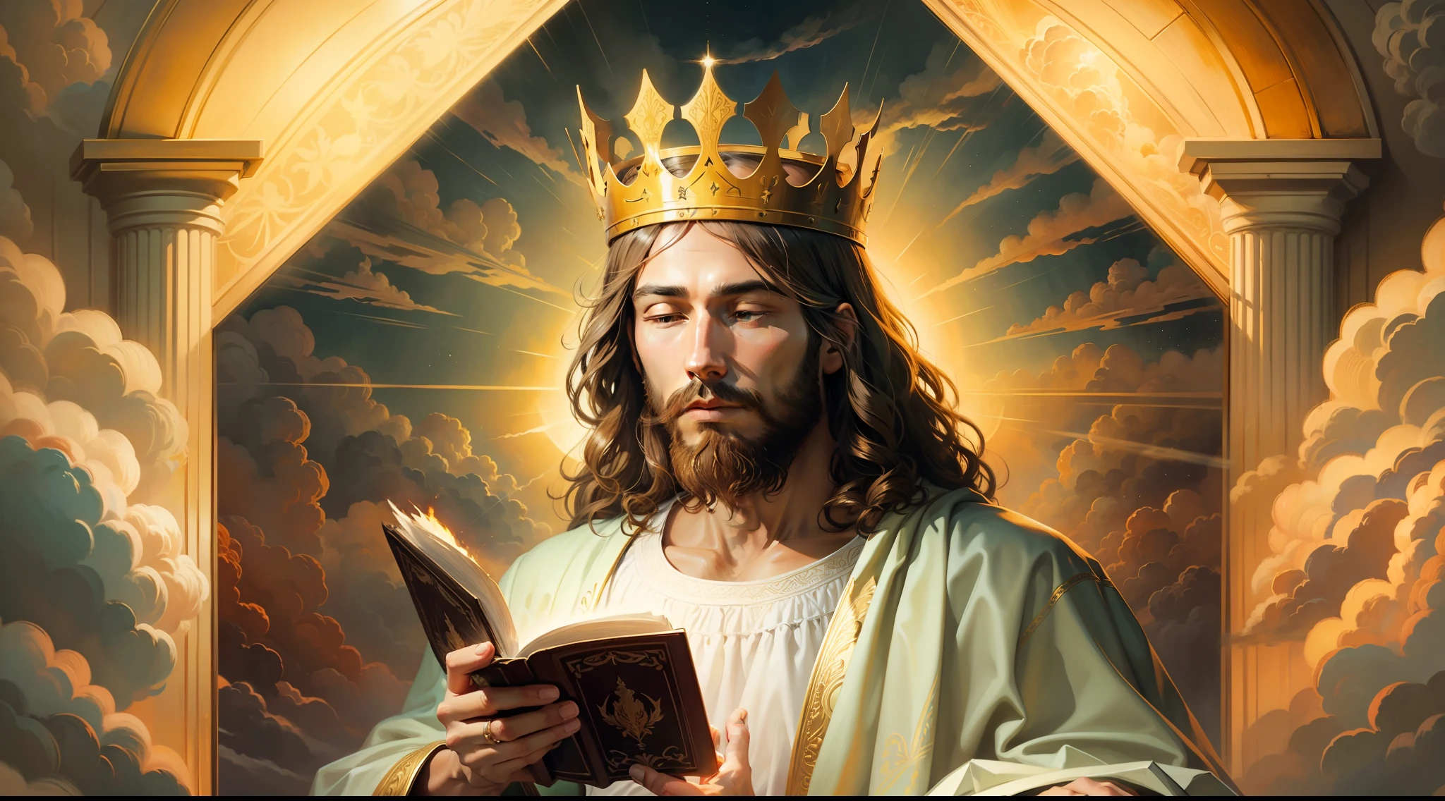 [a realistic painting of Jesus reading the bible with a golden crown amid the clouds of the burning sky]