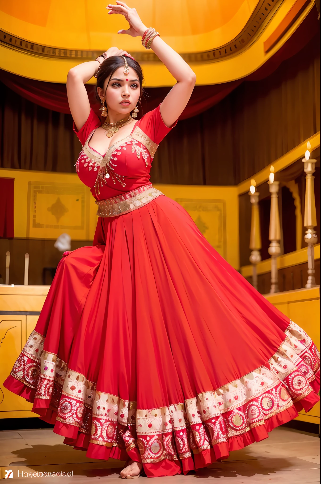 a woman is posing for a photo,(wearing indian_dance_dress:1.3), red dress, 
good hand,4k, high-res, masterpiece, best quality, head:1.3,((Hasselblad photography)), finely detailed skin, sharp focus, (cinematic lighting), collarbone, night, soft lighting, dynamic angle, [:(detailed face:1.2):0.2],(((exhibition inside theater))),