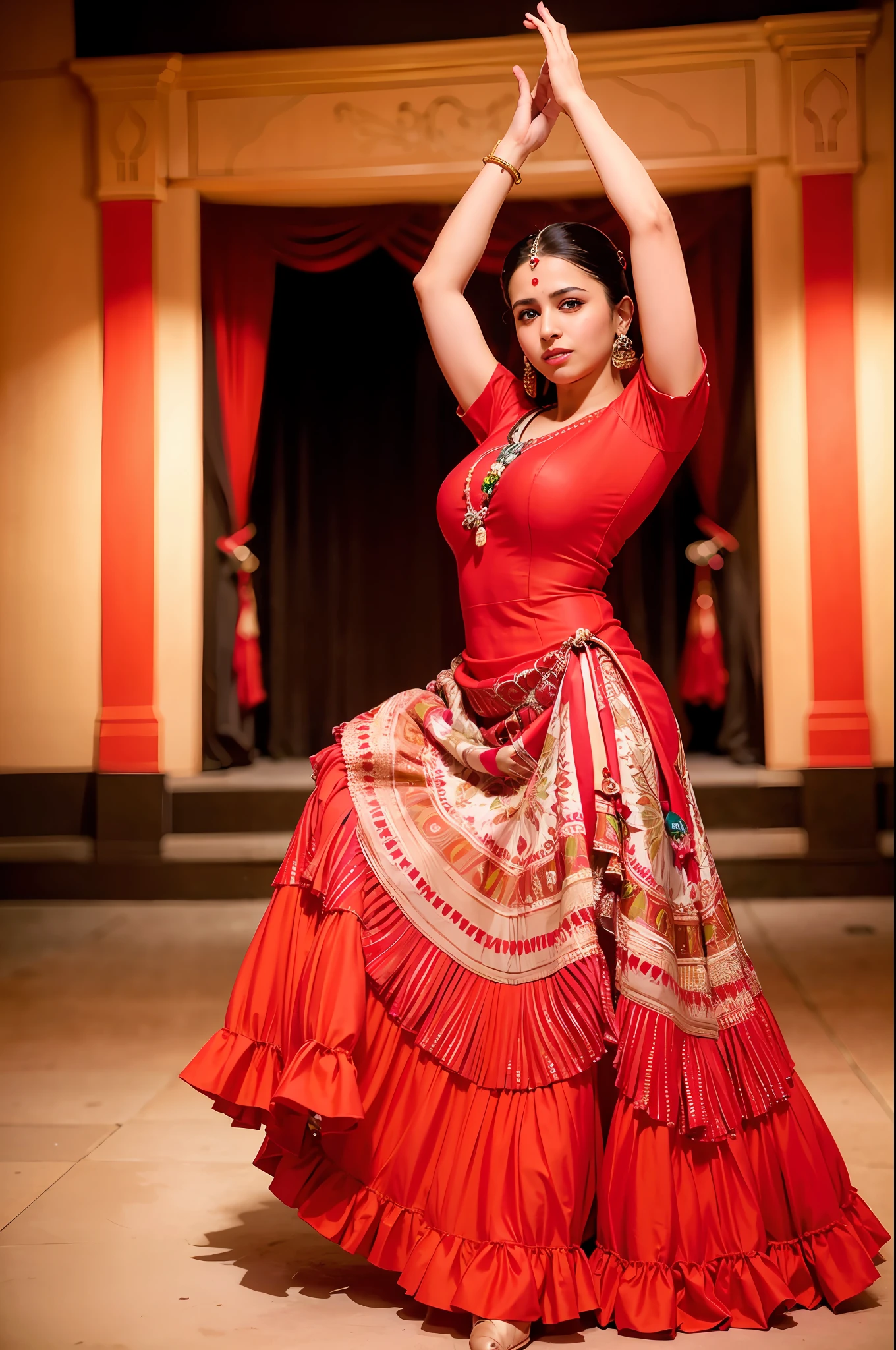 a woman is posing for a photo,(wearing indian_dance_dress:1.3), red dress, 
good hand,4k, high-res, masterpiece, best quality, head:1.3,((Hasselblad photography)), finely detailed skin, sharp focus, (cinematic lighting), collarbone, night, soft lighting, dynamic angle, [:(detailed face:1.2):0.2],(((exhibition inside theater))),