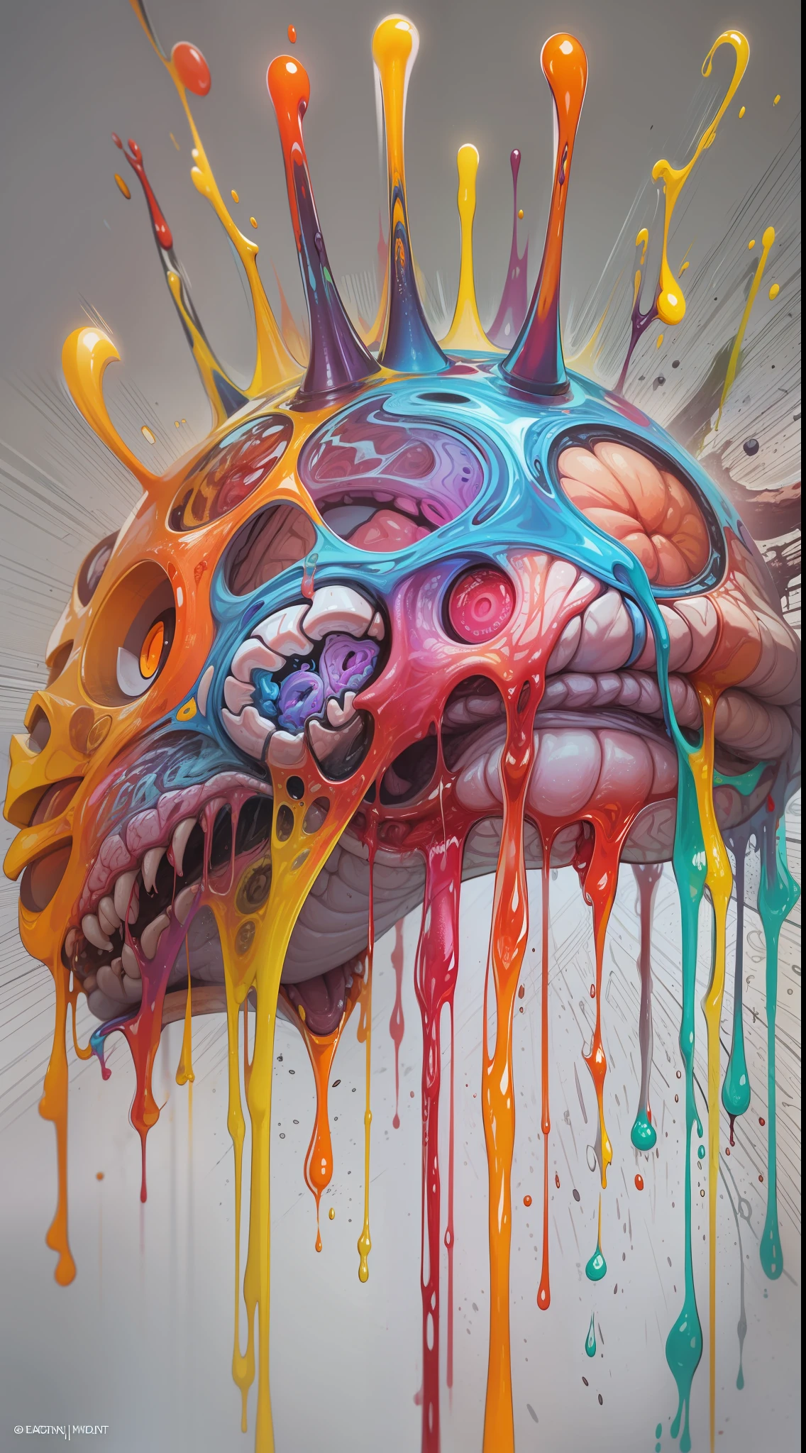 Anatomical brain, Multicolored liquid drip, in the style of realistic hyper-detailed rendering, Paleta de cores neon, Dental core, Multi-level gestures, Escultural, Pintor de terror surrealista, grafity, design de camisetas