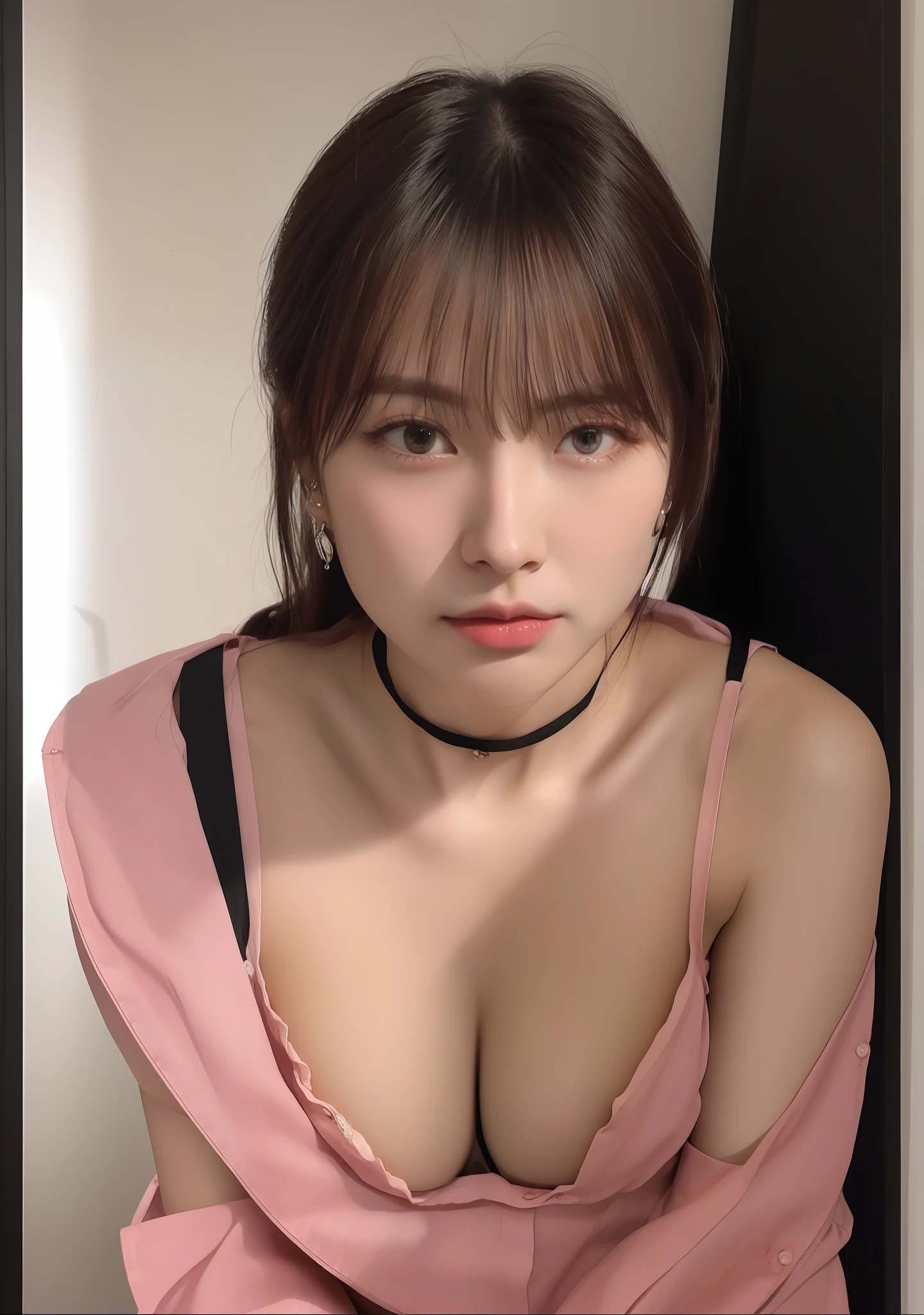 (masutepiece:1.2), Realistic, photo of 18 y.Girl in loose shirt(Unbuttoned shirt), half , Best Quality, Big breasts, Bare shoulders, cleavage, NSFW, [[Hands hidden behind the back]], earrings, Complete shirt, Black Choker, Solo, [SFW],