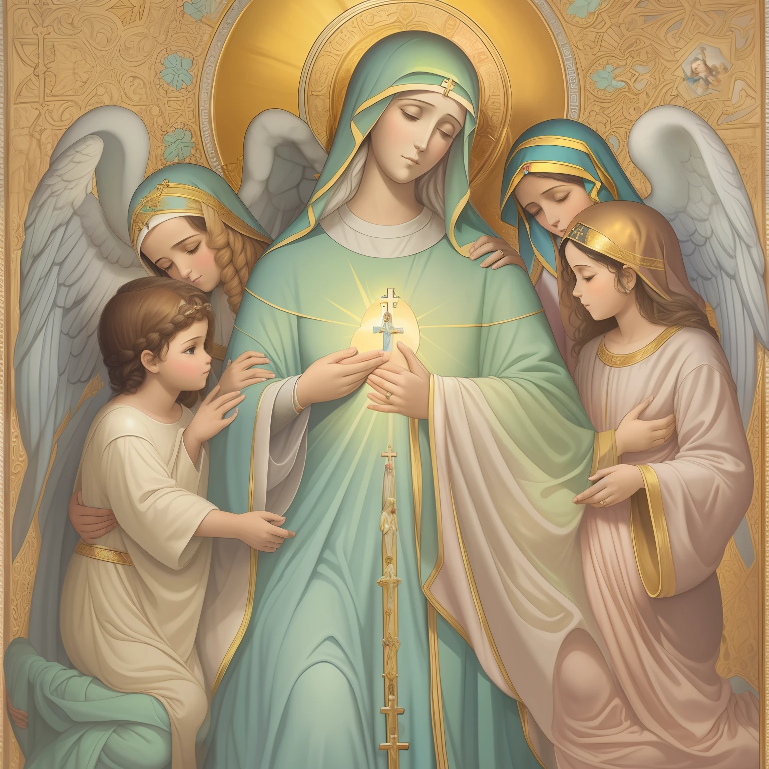 Crie uma pintura de Nossa Senhora com tons suaves e cores pastel, representando sua bondade e ternura ((( Mother of Jesus according to Catholicism )))