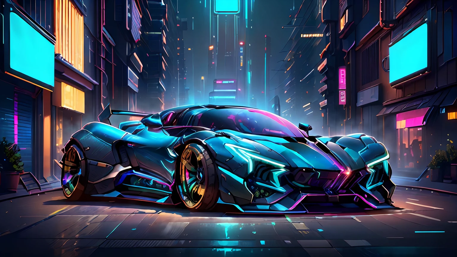 (CyberPunkAI:1.2), (BugattiAI:0.4), (sleek symmetrical futuristic sports car:1.2) with a futuristic weapon mount, (iridescent blue:1.4) paint, (city background, at night:1.4), highly detailed rims, (glowing rims:1.2), (intricate details, golden ratio, masterpiece:1.2), (8k, photorealistic, insane quality, best quality:1.6), extremely detailed, highest detail, highly detailed, incredibly detailed