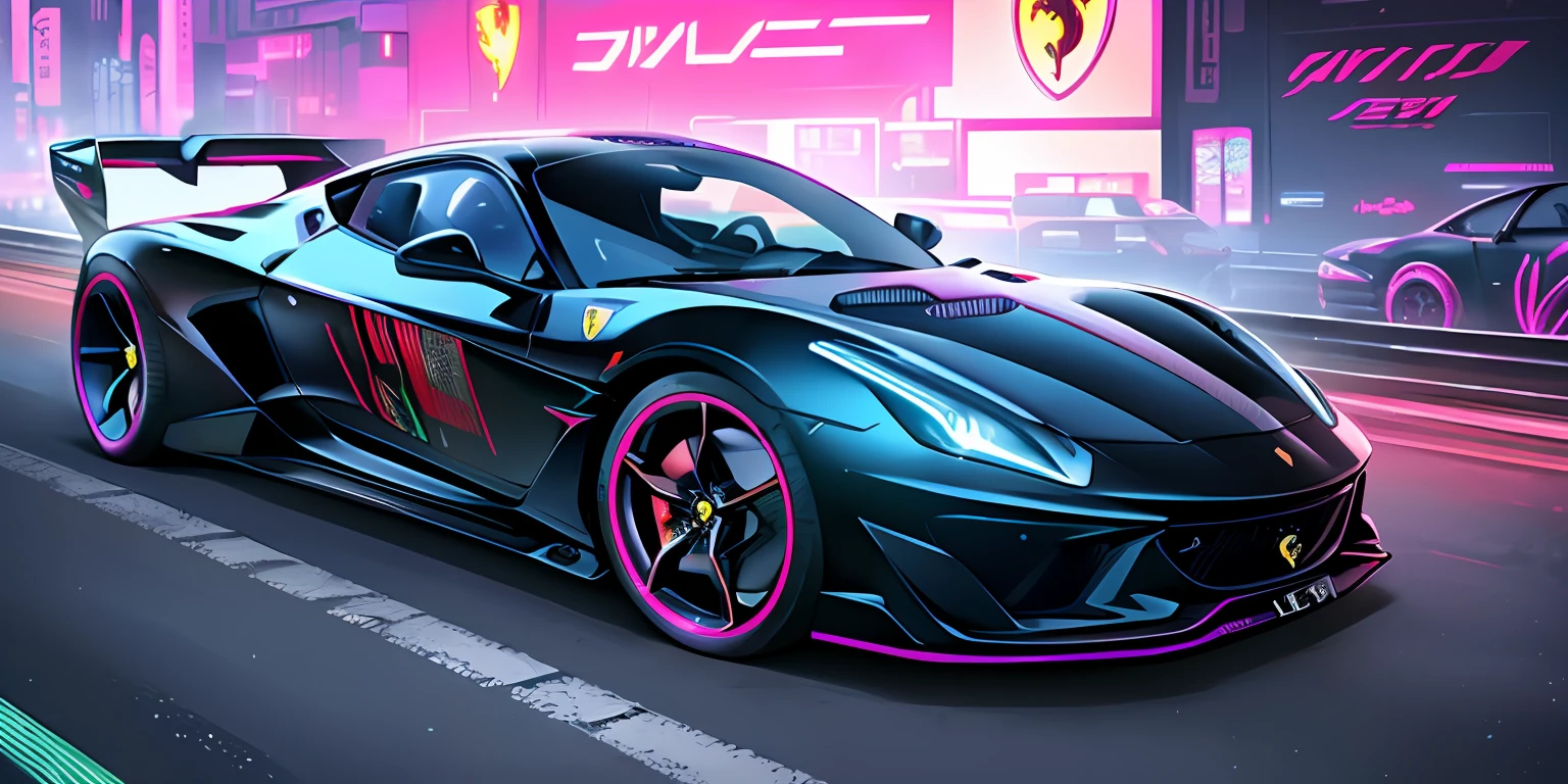 best quality, masterpiece, detailed background, highly detailed, intricate, cyberpunk city, road, cyberpunk, sunny, day, clouds, skyscraper, futuristic, science fiction, car focus, cool car, (cyberpunk car, futuristic car:1.2), (neon car, neon wheels, neon lights:1.4), (black ferrari:1.3), (red lights), (future car), (car front view:1.2)