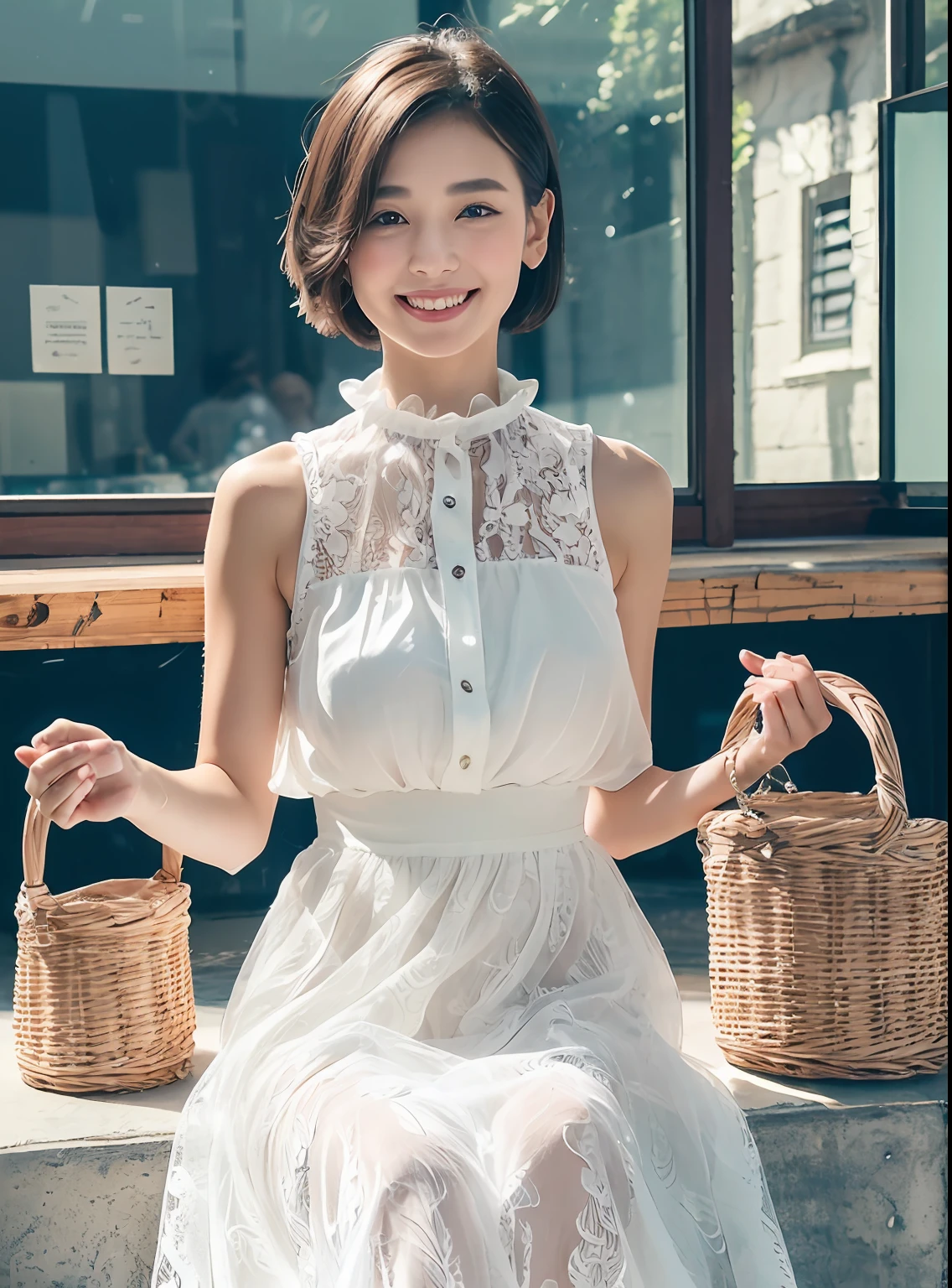 (8K、top-quality、masterpiece:1.2)、(realisitic、Photorealsitic:1.37)、ultra-detailliert、 1 人、cute little、独奏、Beautiful detailed sky、Detailed Cafe、natta、sitting on、date、(Nasal blush)、 (A smile:1.15)、(a closed mouth)small titne and beautiful eyes、(shirt with collar:1.1)、natta、Wet、Transaction service、Sateen、White lace、(short-hair:1.2)、Float NovaFrogStyle、toppless、White Ruffled Chiffon Sleeveless Top, White Tulle Maxi Skirt Dress, Mermaid Line, wicker basket bag.