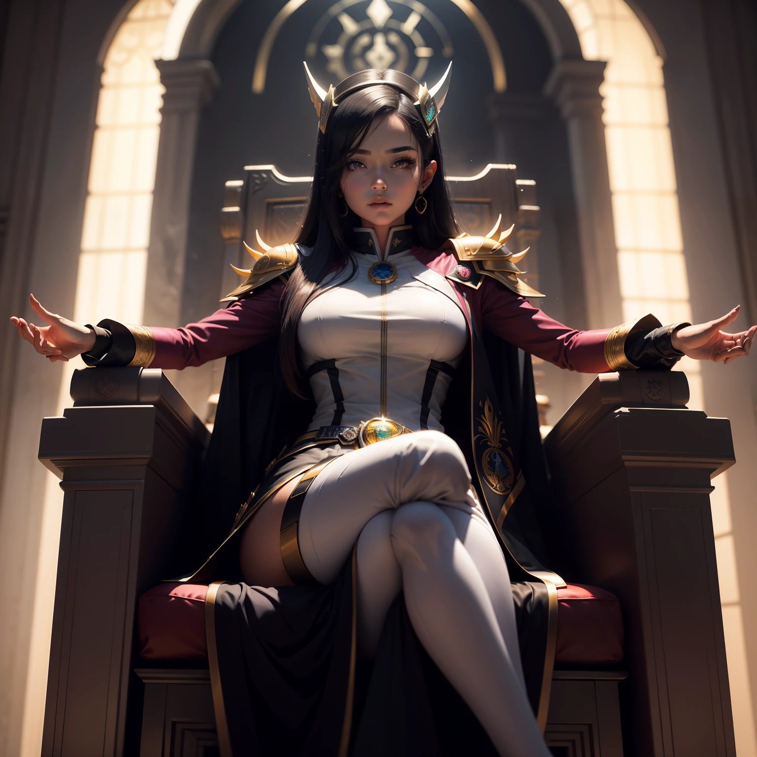 Tsukuyomi (Kamen Rider Zi-O) sentada no Trono como a Rainha do Tempo. Stylized as an epic and majestic painting, com detalhes intrincados e cores vibrantes. The atmosphere is full of a sense of religiosity and power. Lighting is ethereal, casting a soft glow on Tsukuyomi, highlighting its elegance and grace. O fundo apresenta um grande trono com elementos de tempo e simbolismo, enfatizando seu papel como a Rainha do Tempo.