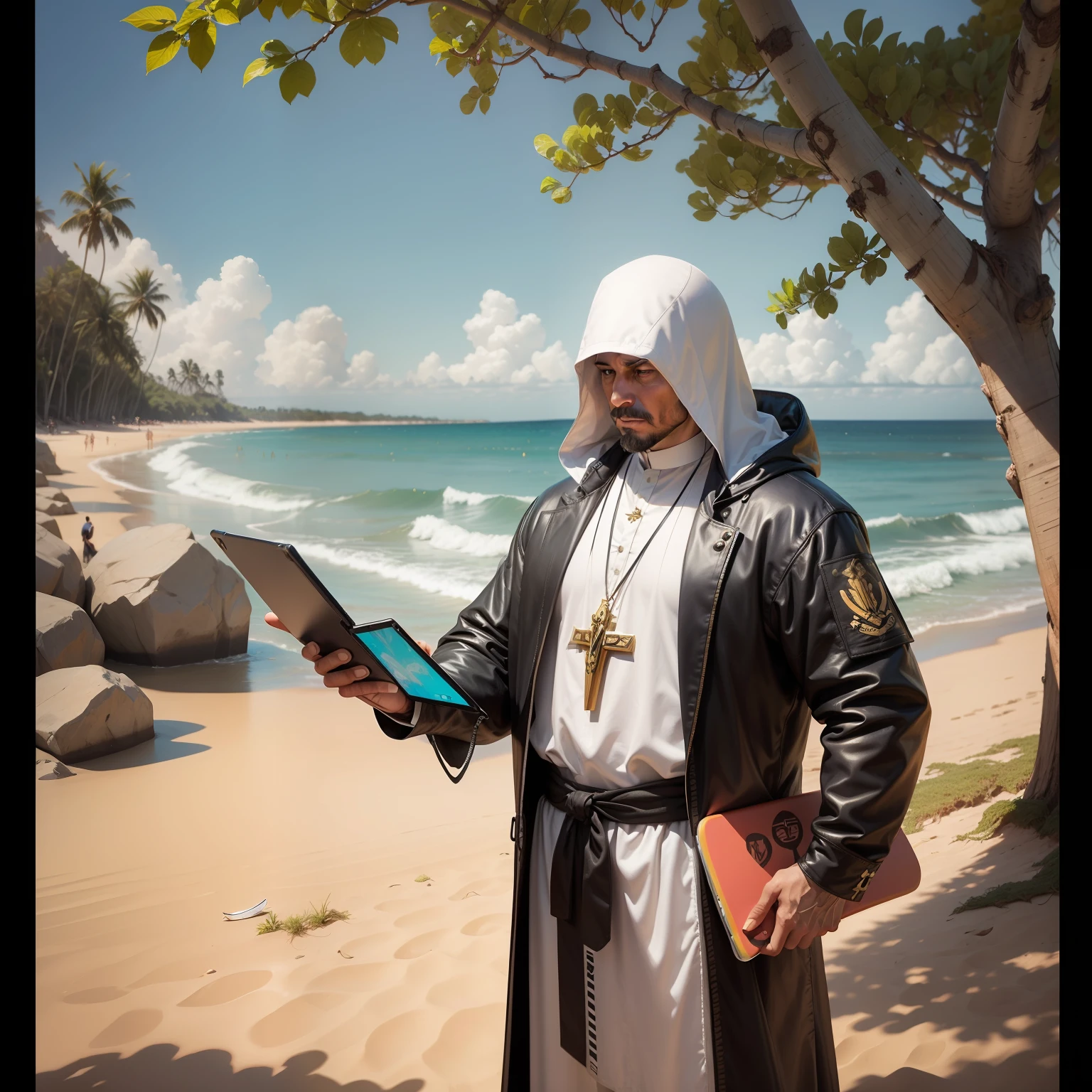 There is a picture of a bishop holding a double meat sandwich, anonymous as a surfboard, inspirado em uma praia, with a tablet under the bishop's arm