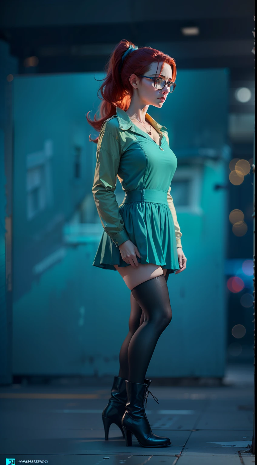 ( 
    (Character: one irish woman, (40 years old), red hair, ponytail hair) 
    (Clothing: cyan vintage dress, pantyhose, high heels boots, glasses)
    (Pose: upper body shot:1.7, dynamic pose)
    (blurry, intense urban lights in background, cyan color scheme:1.3) 
    (Style: ((masterpiece:1.5)), (face detailed), photo-realistic:1.3, hyperrealistic, film grain, realistic lighting)
)