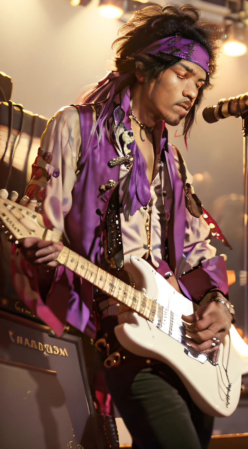 top-quality。Male guitarist。Sow bandana on long hair、６０Play chronological music。Flutter and wear waistcoat and costume、Playing guitar with a big amp in the background。Black but white、There is a technique to easily silence。Purple haze!Stratocaster Guitar、Color is white。Marshall's Amp 100ｗUsing、Ring in full up。livestream, Poured gasoline on the guitar.、Set fire and burn、Eccentric to break at the end。６０Although the times and eras are old、Live action。(Photorealistic images by Woodstock)。